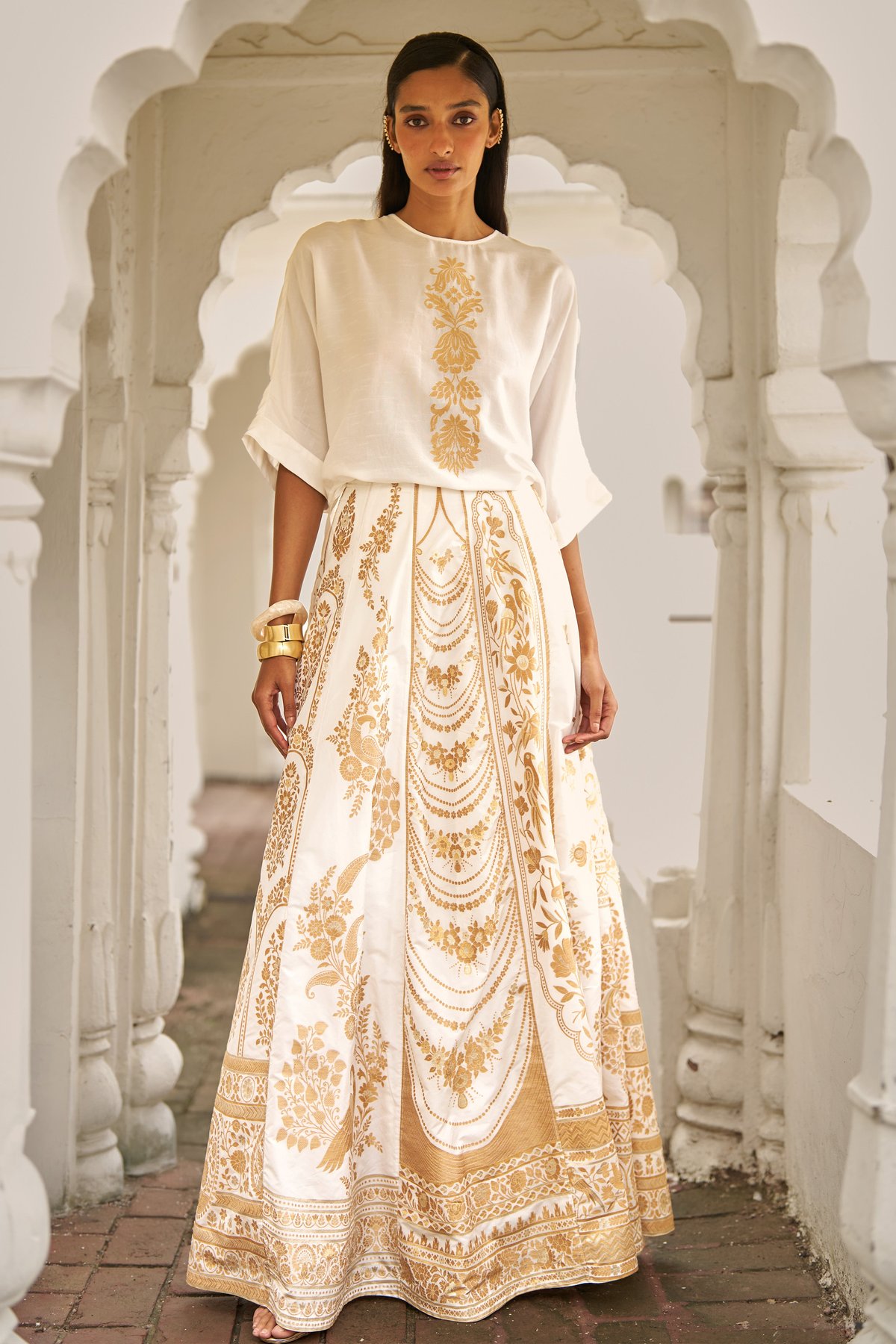 Ivory and Gold Brocade Maxi Skirt Co-ord Set