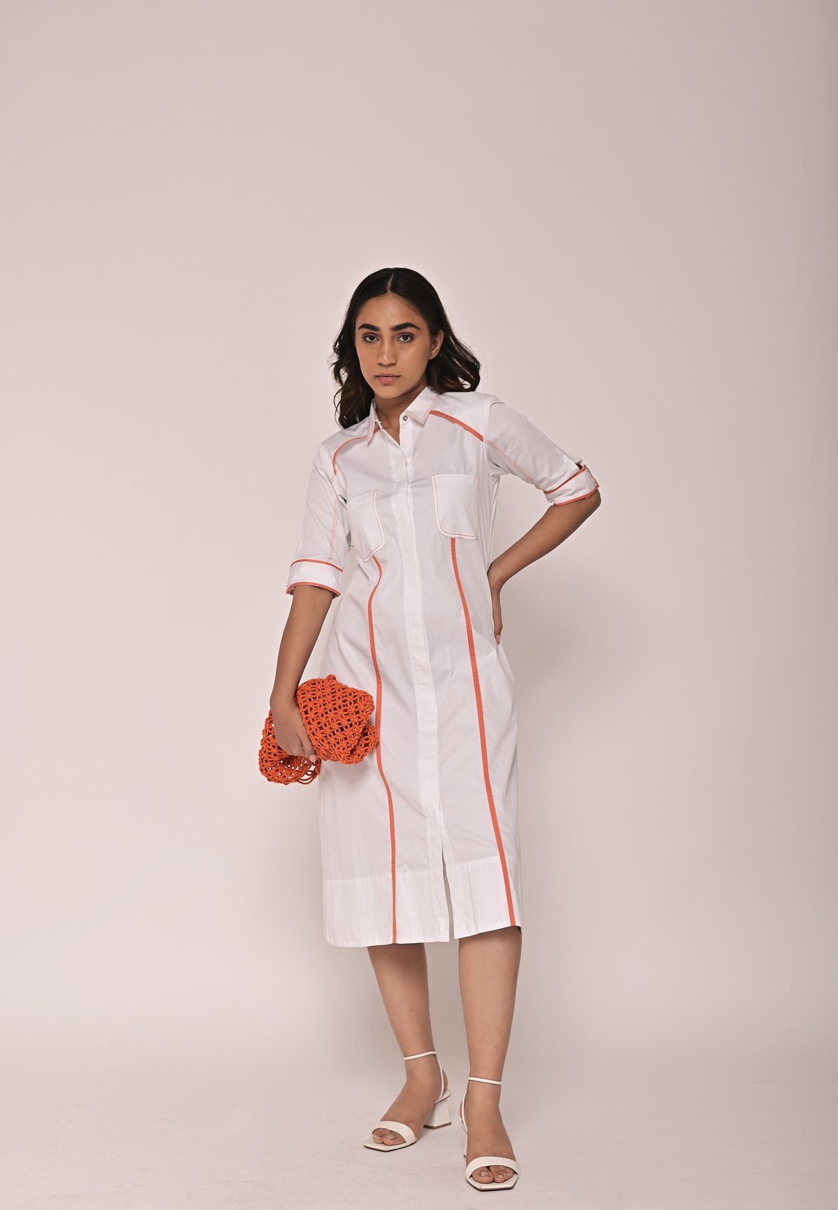 White/Orange Cotton Satin Midi Shirt Dress