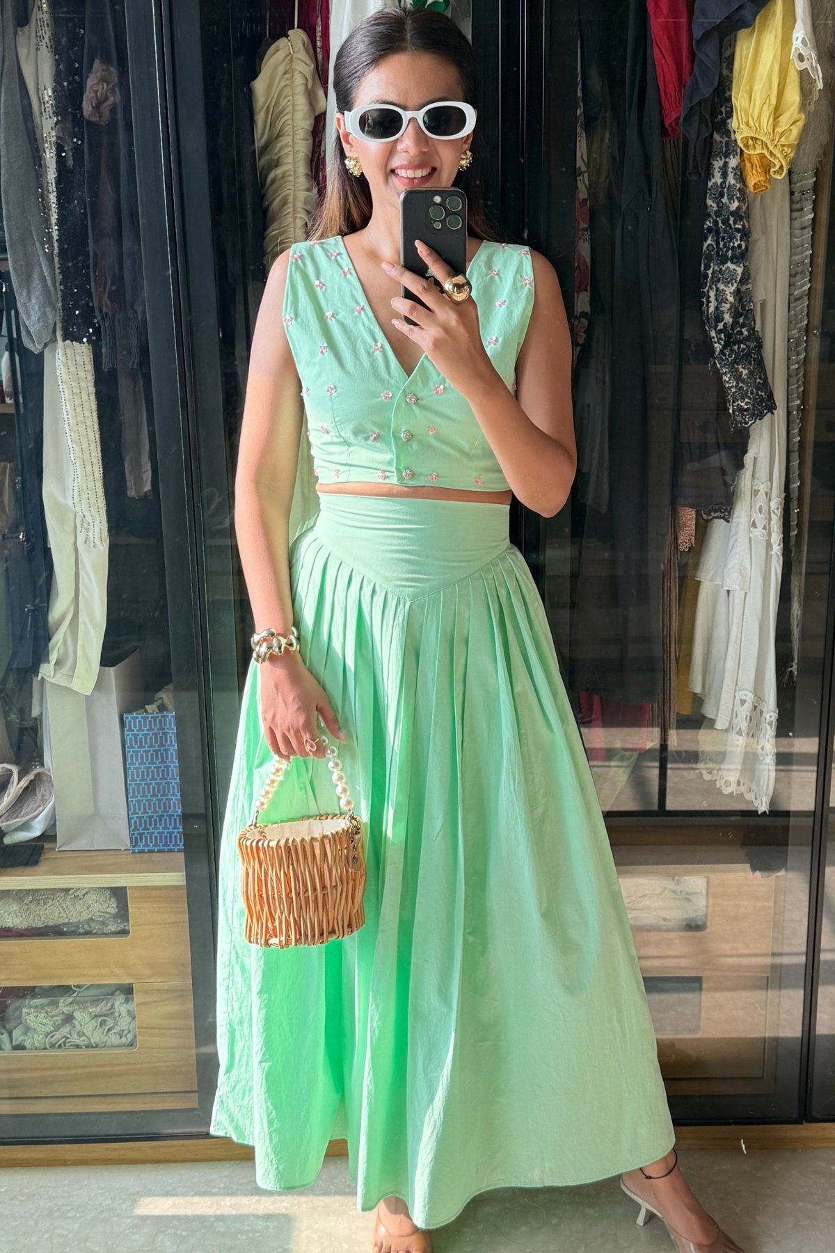 Mint Green Sequin Top and Pleated Midi Skirt Co-ord Set