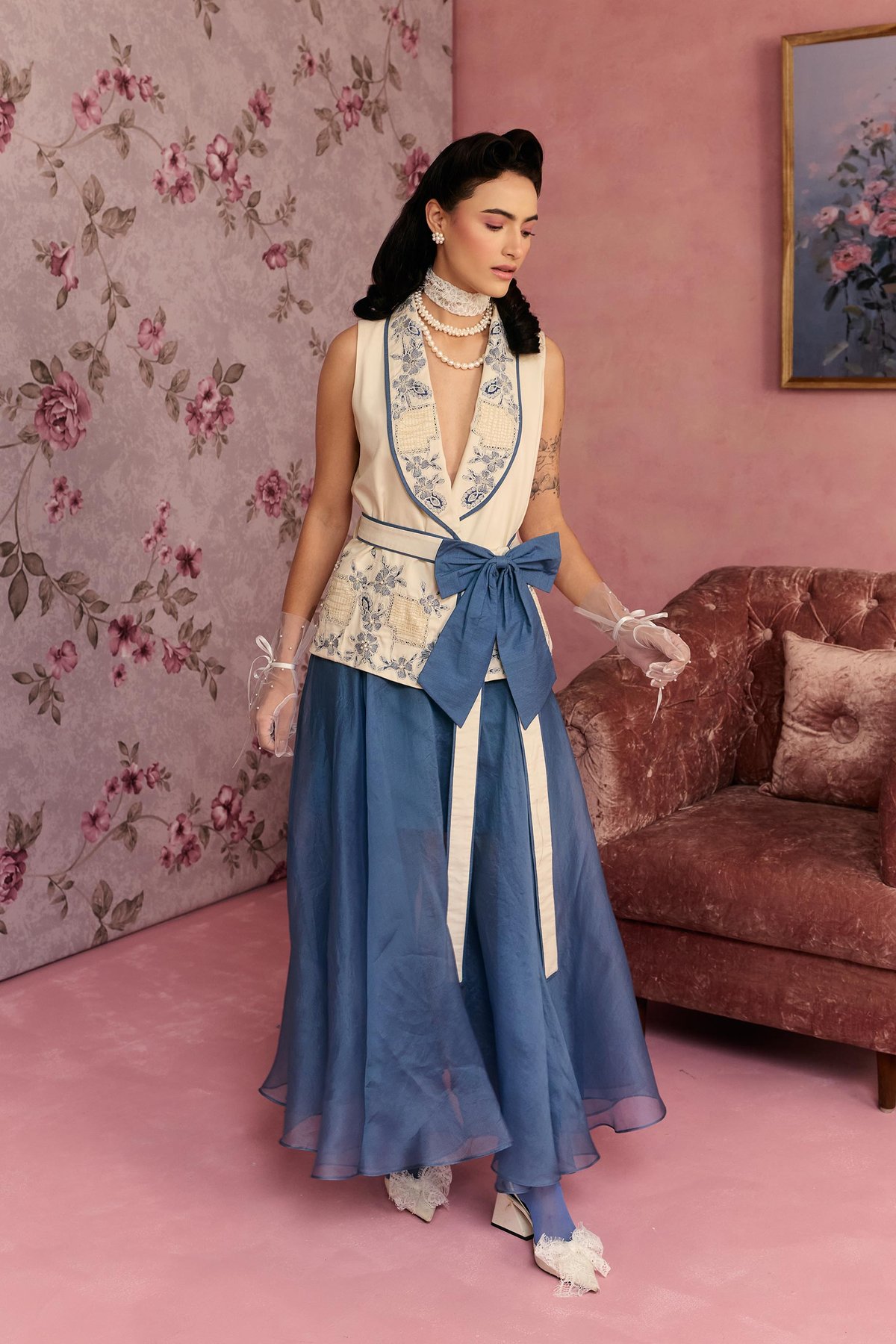 Off-White Waistcoat and Blue Maxi Skirt Co-ord Set