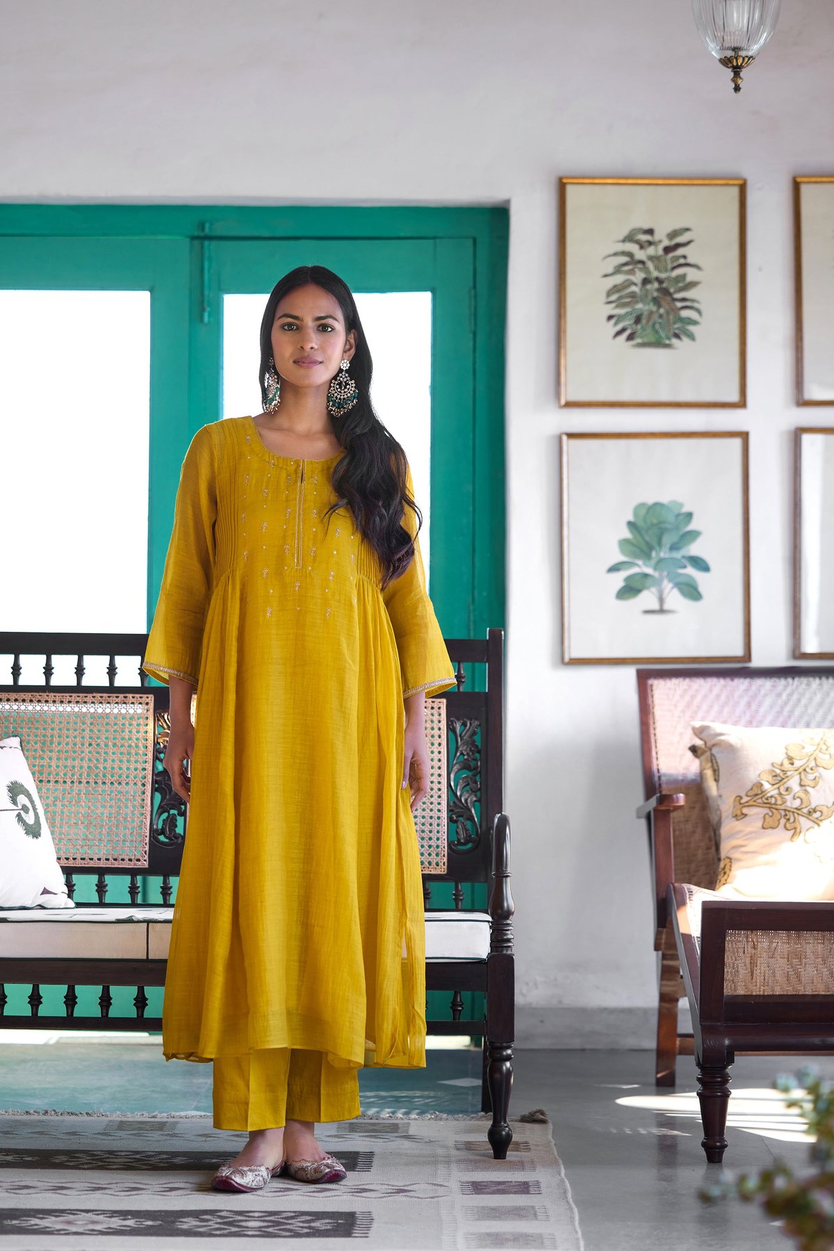Yellow Silk Chanderi Embroidered Kurta Set