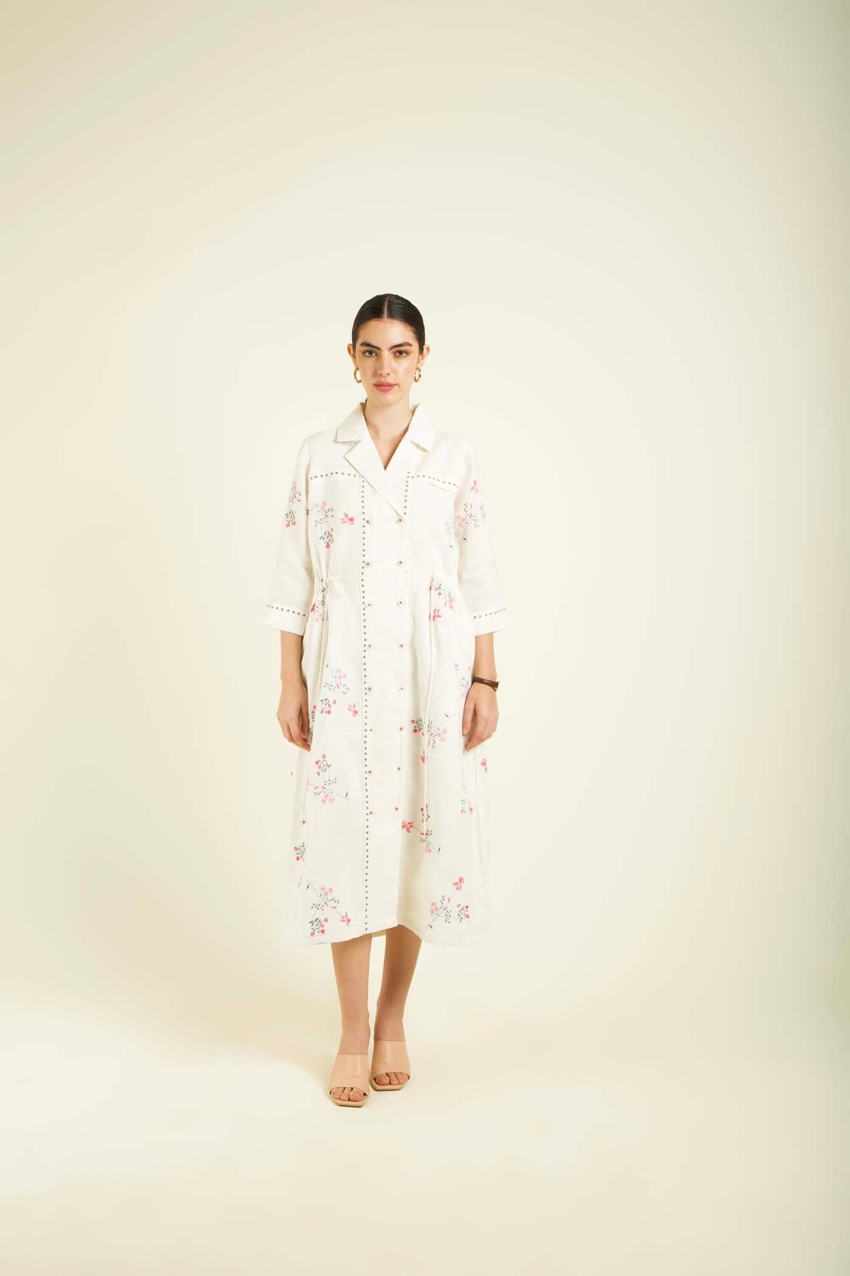 Ivory Printed Side-Gathered Linen Shirt Dress