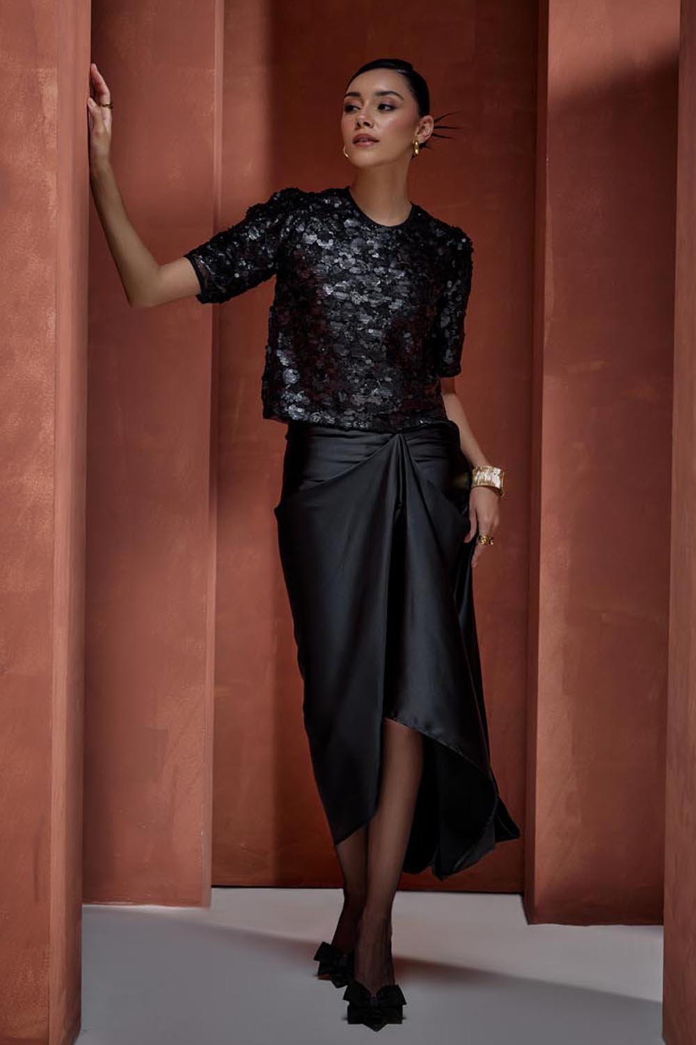 Black Sequin Top and Satin Draped Midi Skirt Co-ord Set