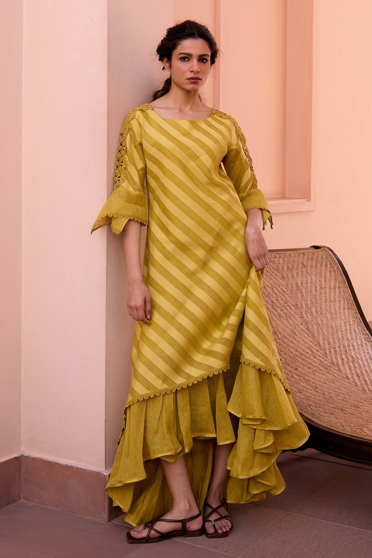 Mehndi Green Striped High-Low Midi Dress with Lace Trim