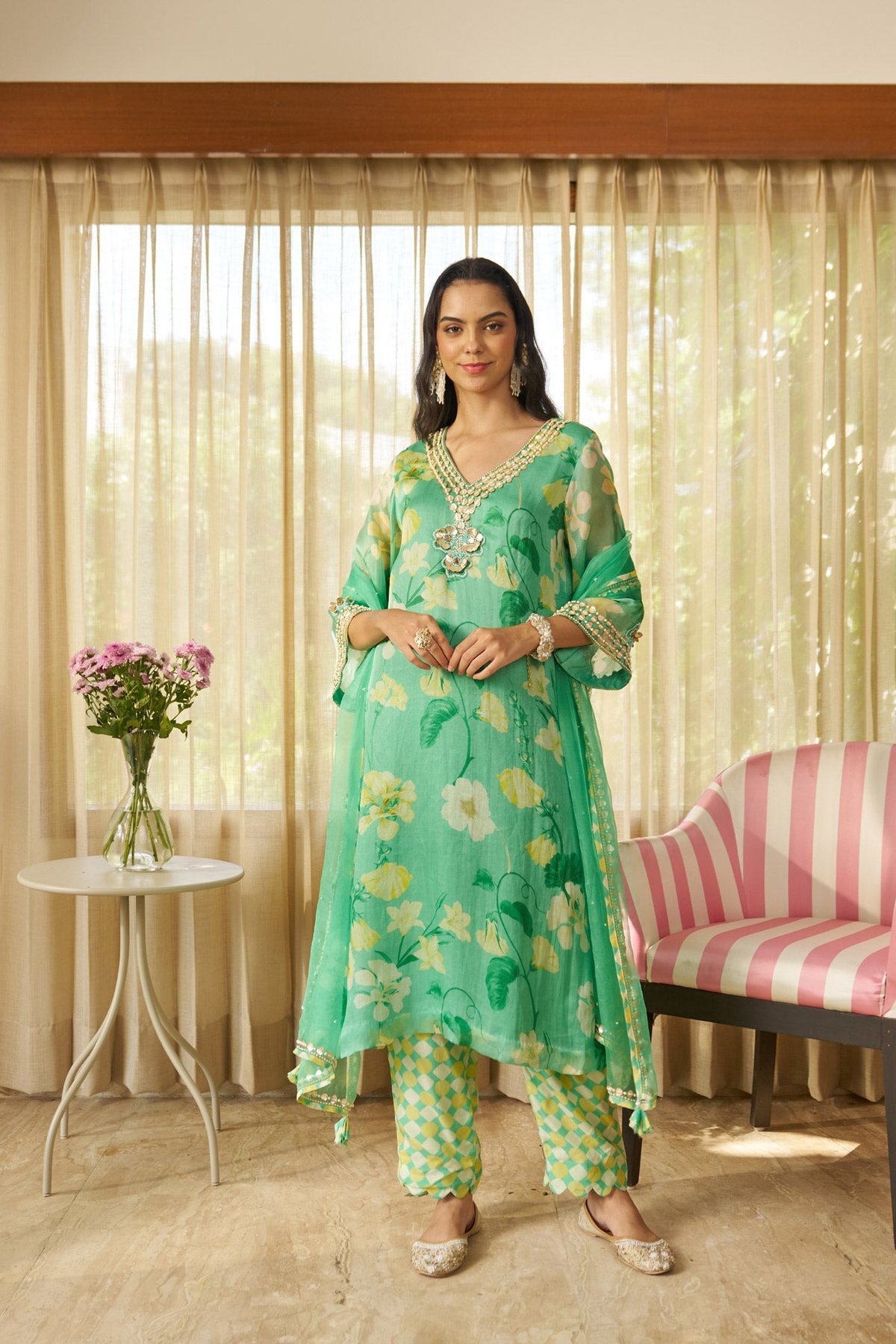 Mint Green Floral Organza Kurta Set with Embellished V-Neck