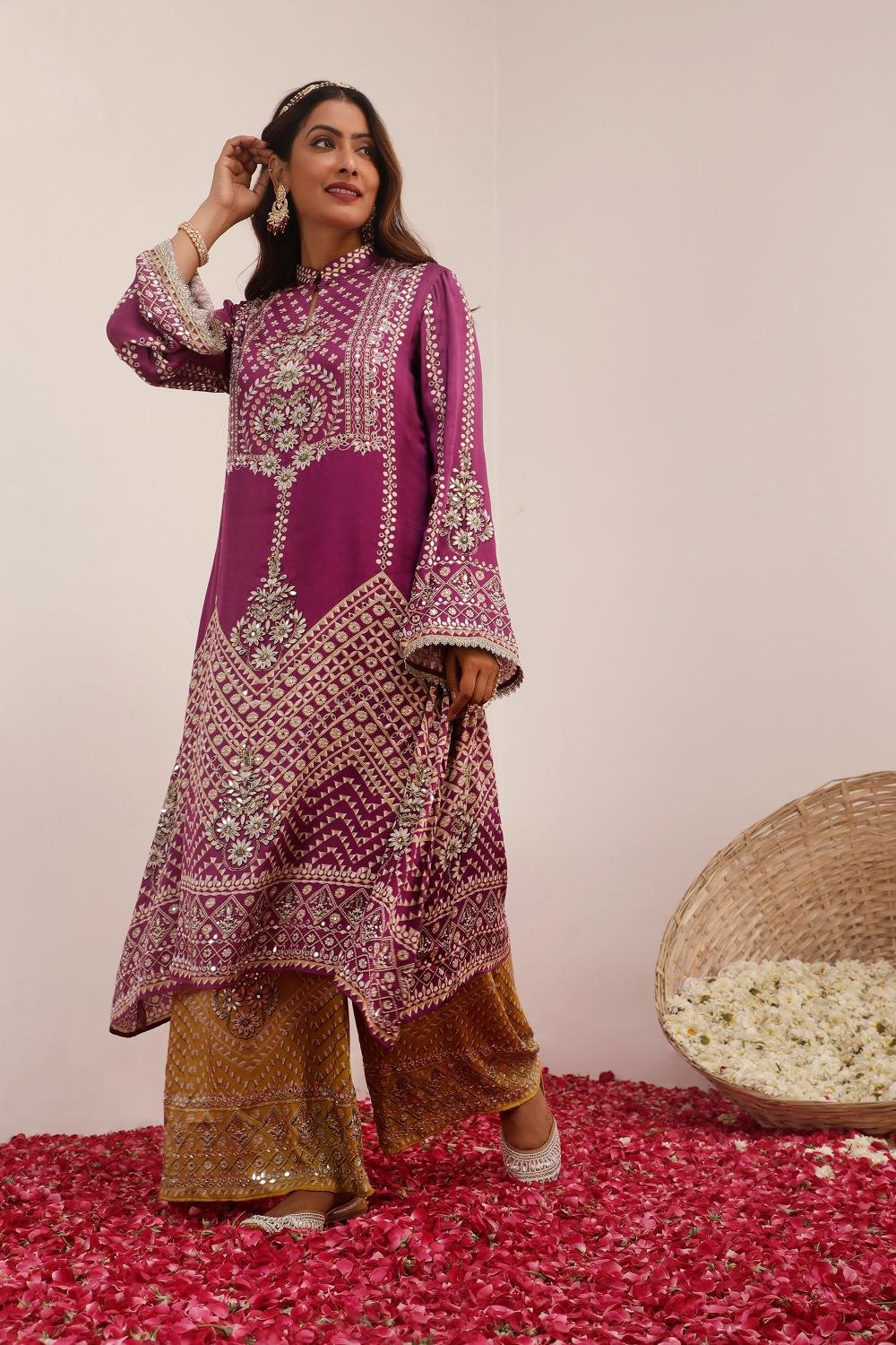 Purple and Mustard A-Line Mirror Work Kurta Set