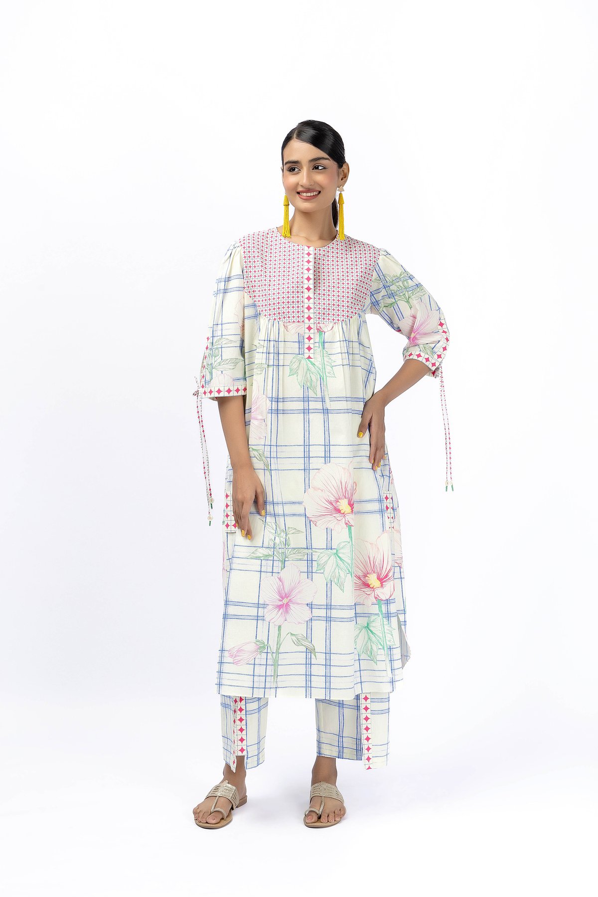 Tartan Flower King Shirt With Placate Pant Set