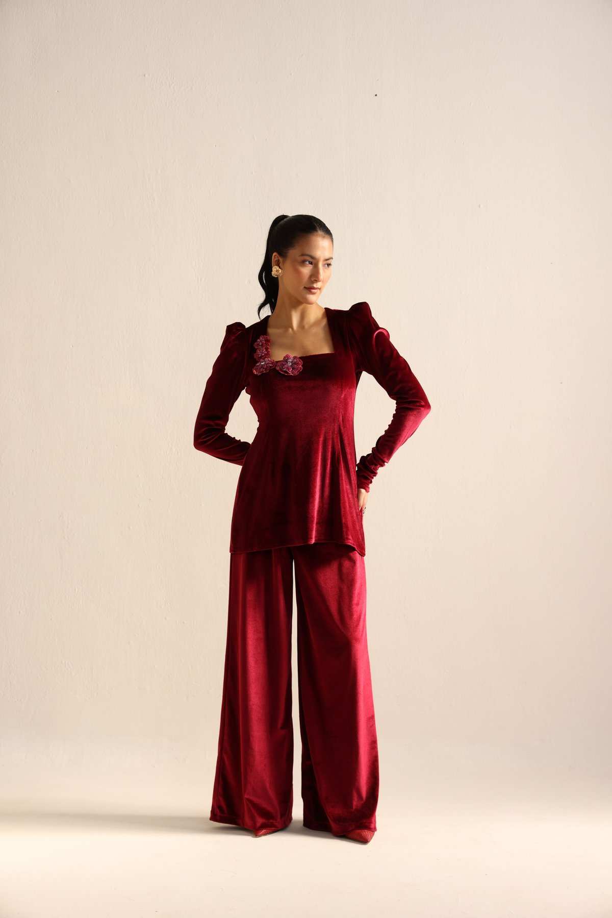 Maroon Velvet Square Neck Top and Wide-Leg Co-ord Set