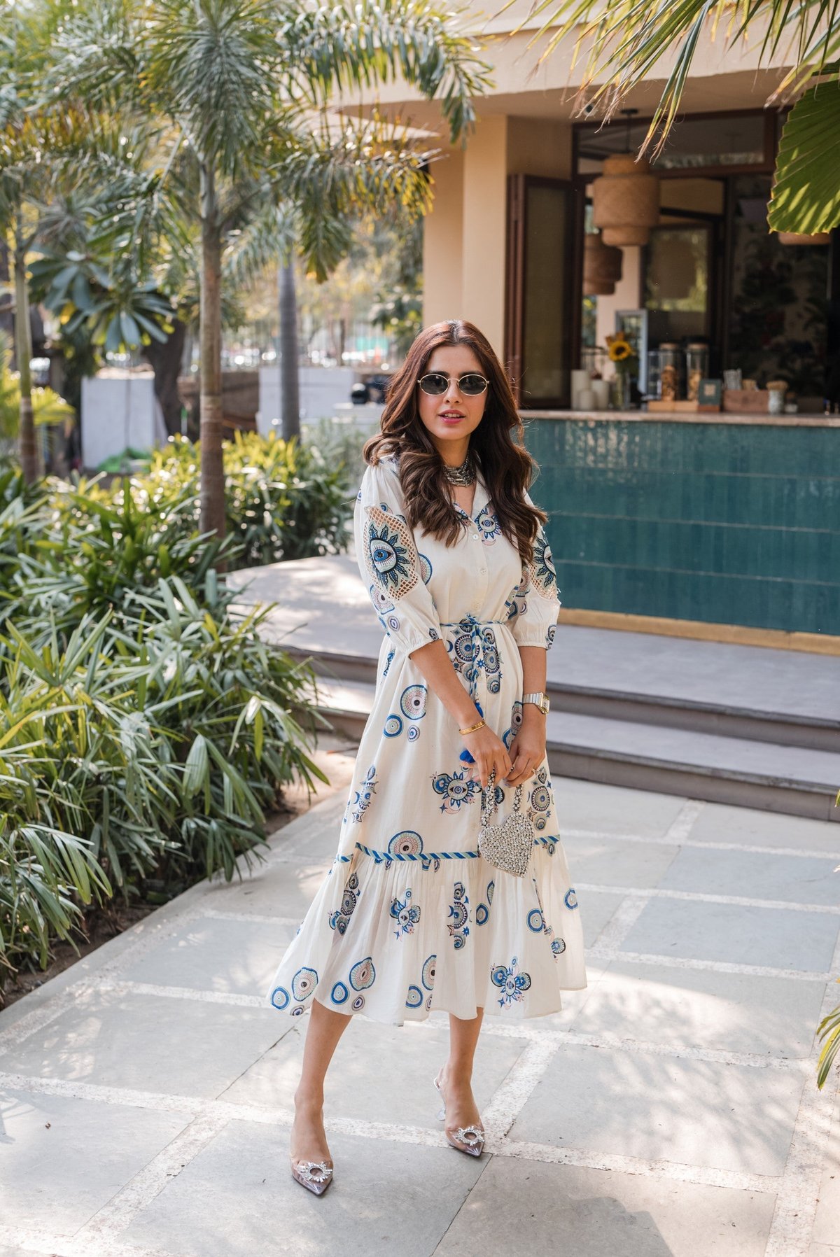 Green & Blue Sun & Moon Print Long Dress