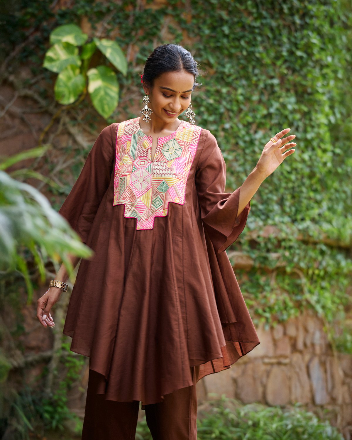 Brown Chanderi Flared Kali Kurta Set With Statement Yoke