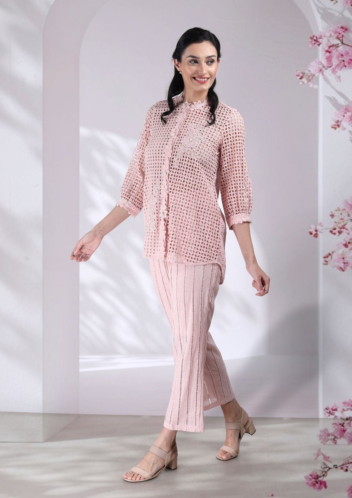 Naina Cotton Cutwork Co-ord Set in Blush Pink