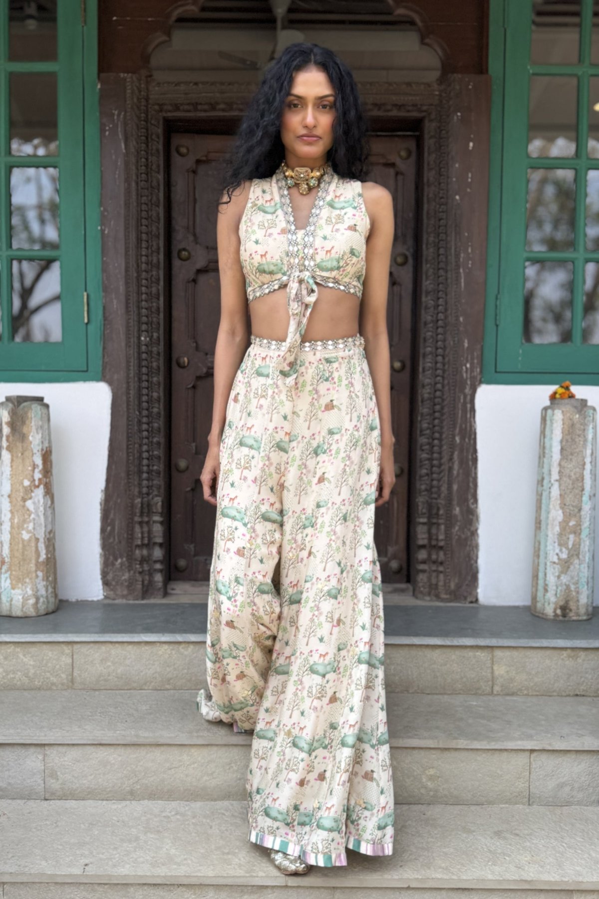 Beige Printed Chiffon Halter and Palazzo Co-ord Set