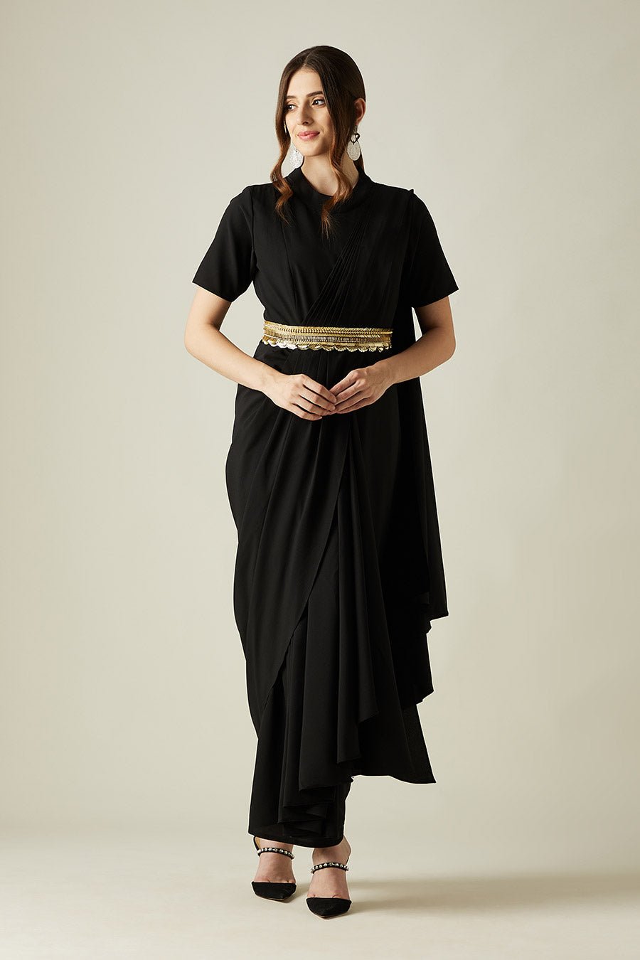 Black Pleated Saree Drape Maxi Dress with Gold Belt