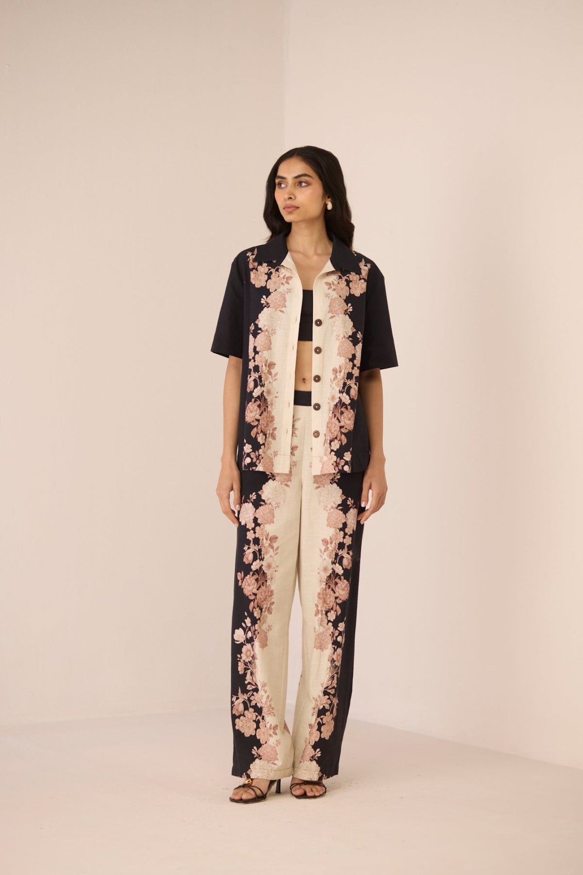 Noir Botanical Cotton Wide-Leg Floral Printed Trousers