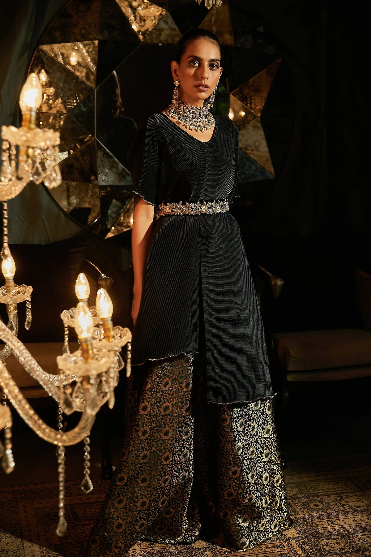 Jade Black Asymmetrical Top and Brocade Ghagra Co-ord Set