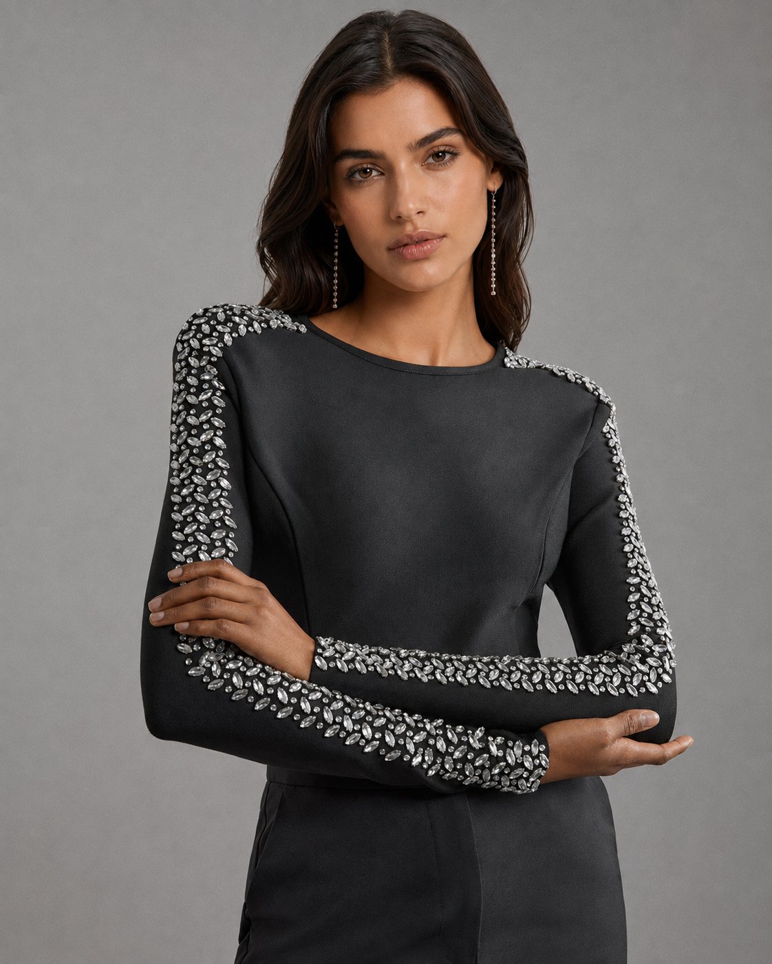 Black Bandage Knit Crystal-Embellished Sleeve Top