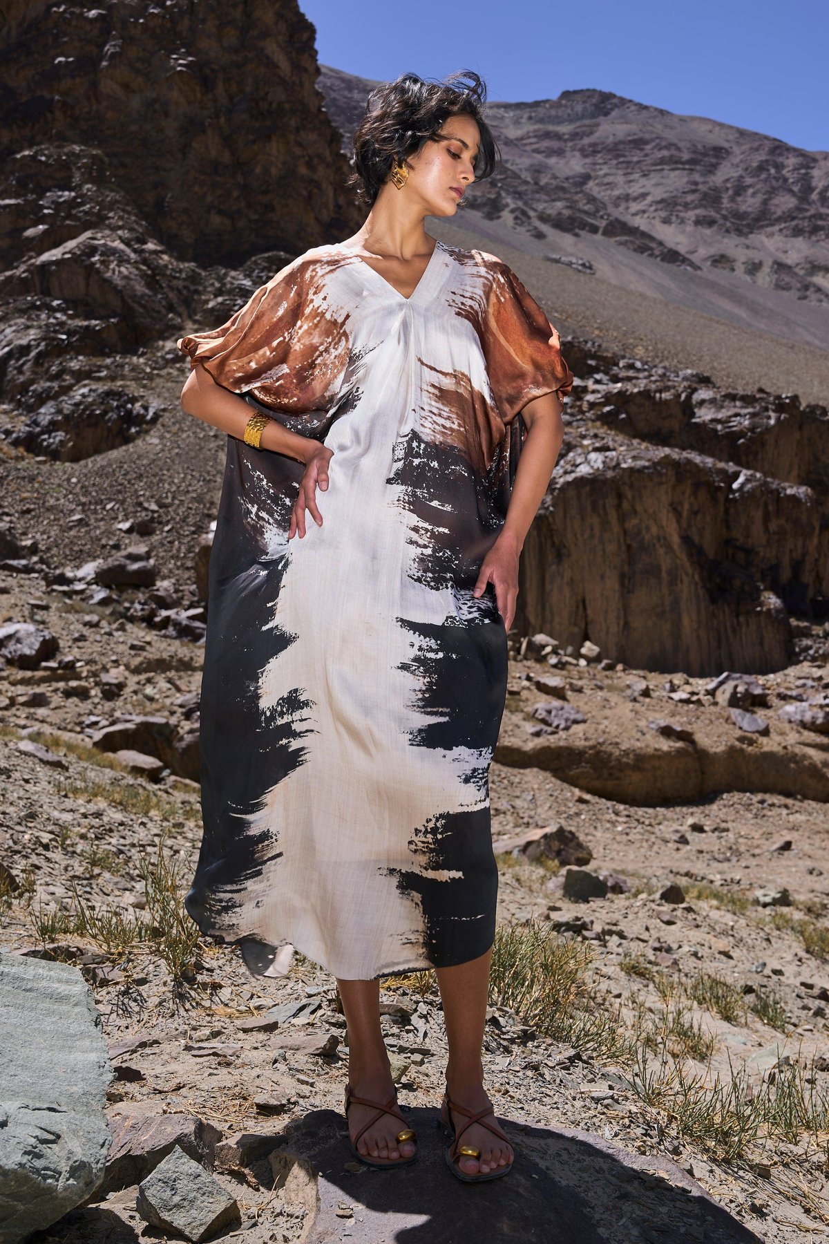 Multi Earth Abstract Printed V-Neck Midi Kaftan Dress