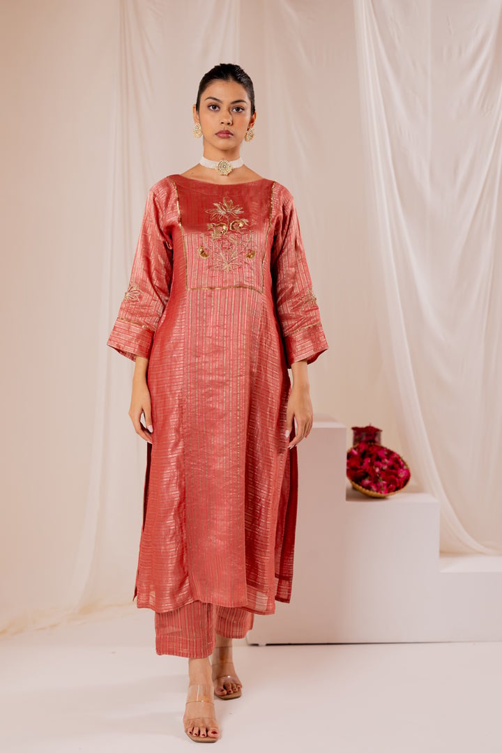 Pink Chanderi Silk Zari Kurta Set with Embroidered Yoke