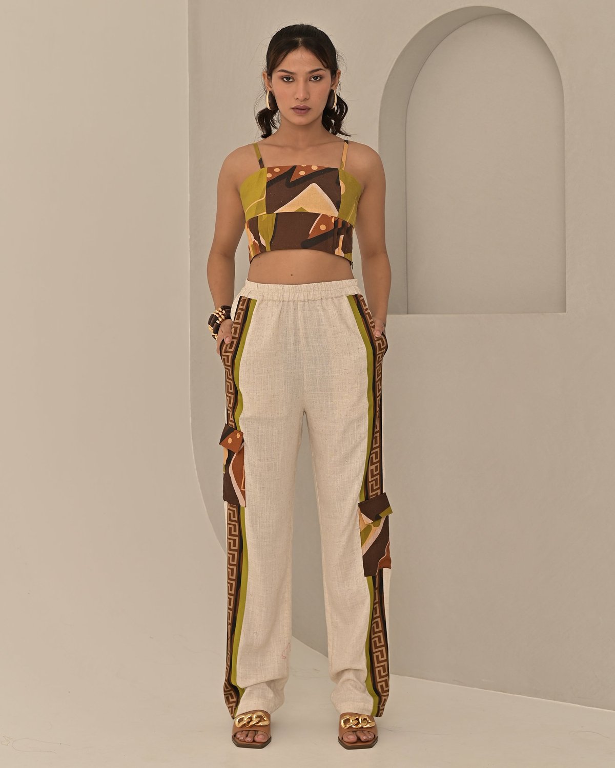 Beige Straight-Leg Pants with Printed Side Border