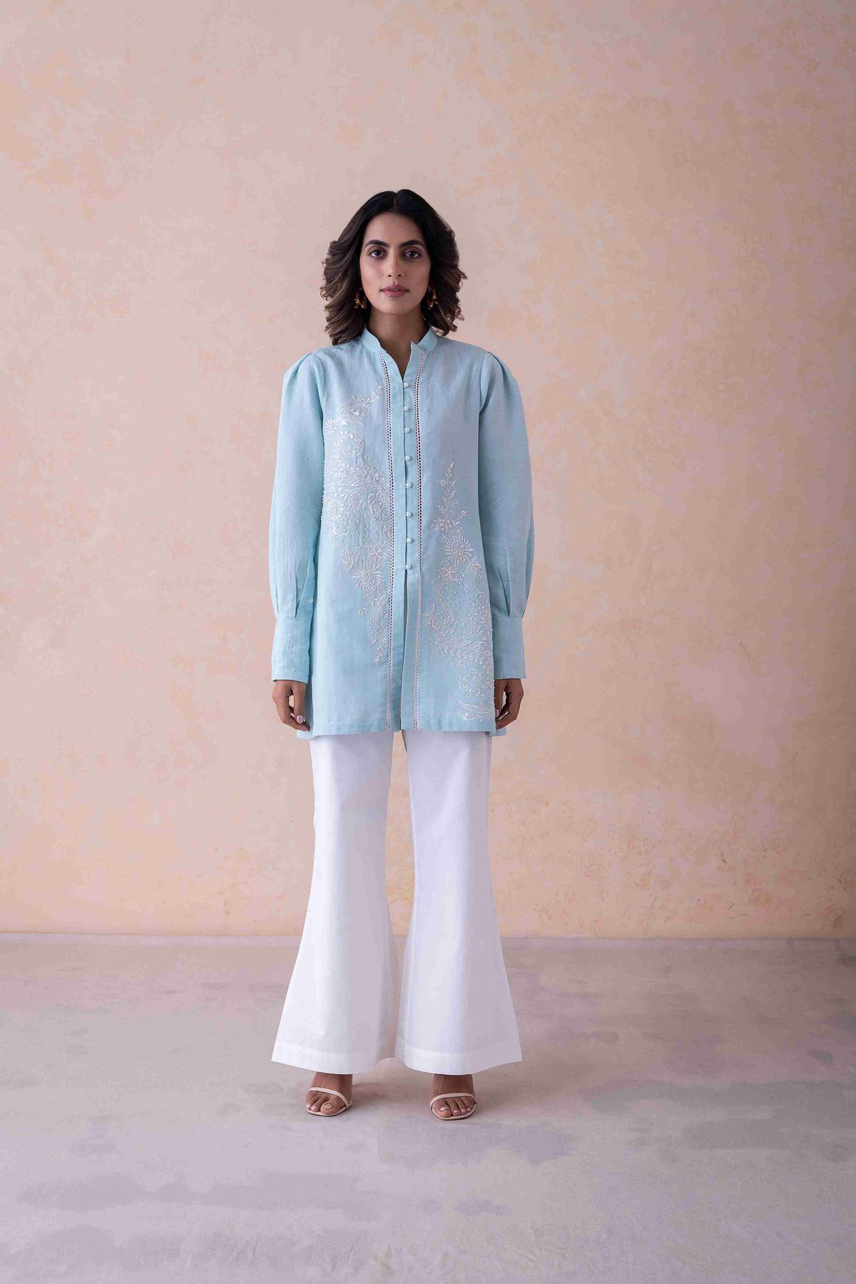 Sky Blue Linen Longline Tunic with Pearl Embellishments