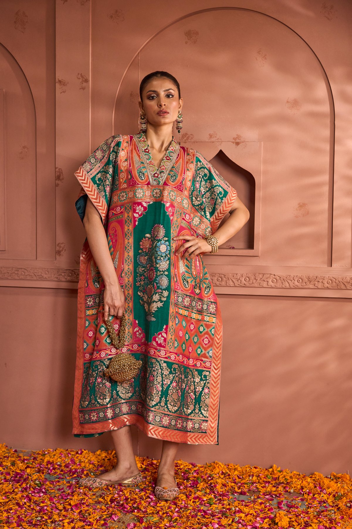 Green/Orange Brocade Silk Embroidered Kaftan