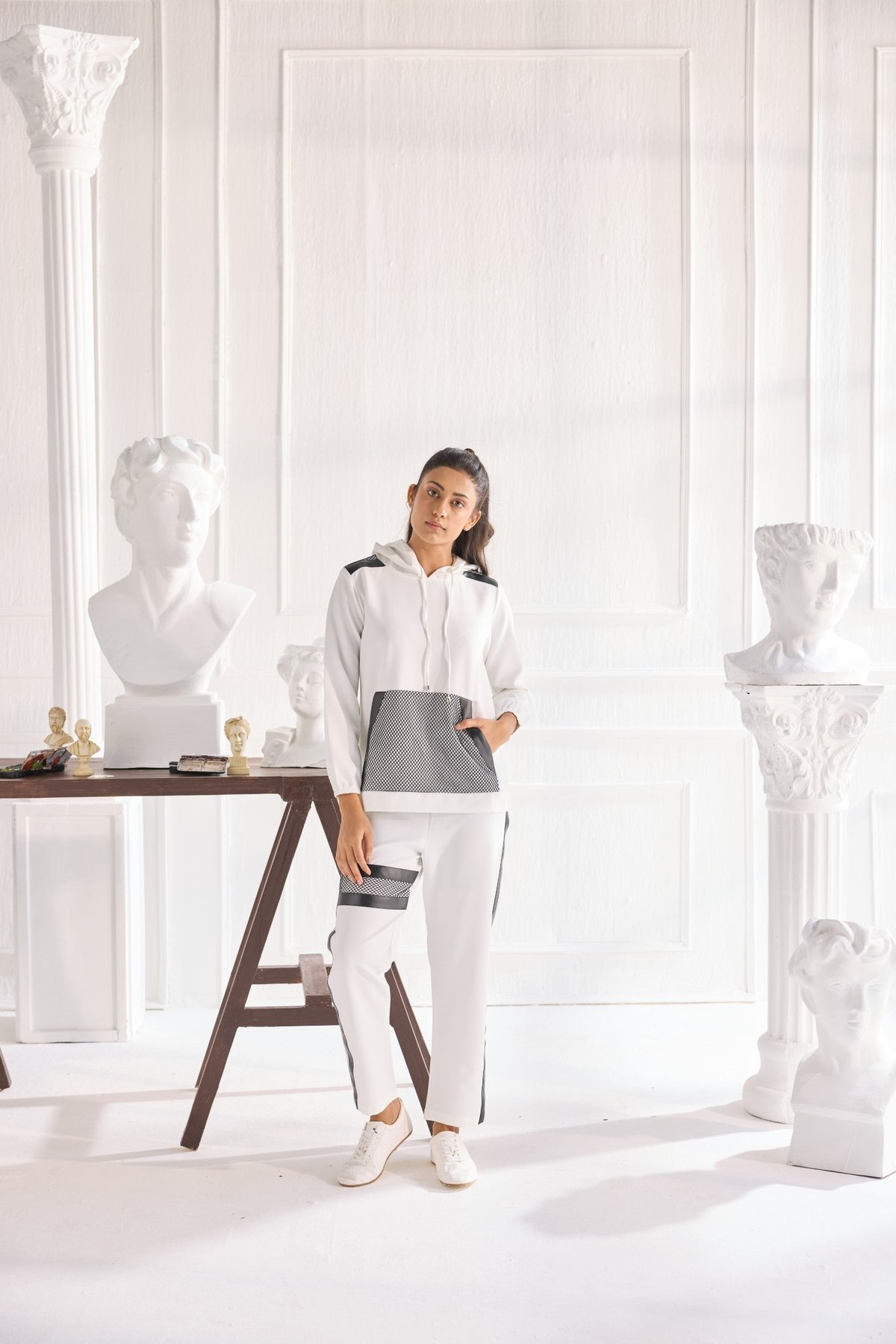 White/Black Hooded Trackset Co-ord Set with Mesh Pocket