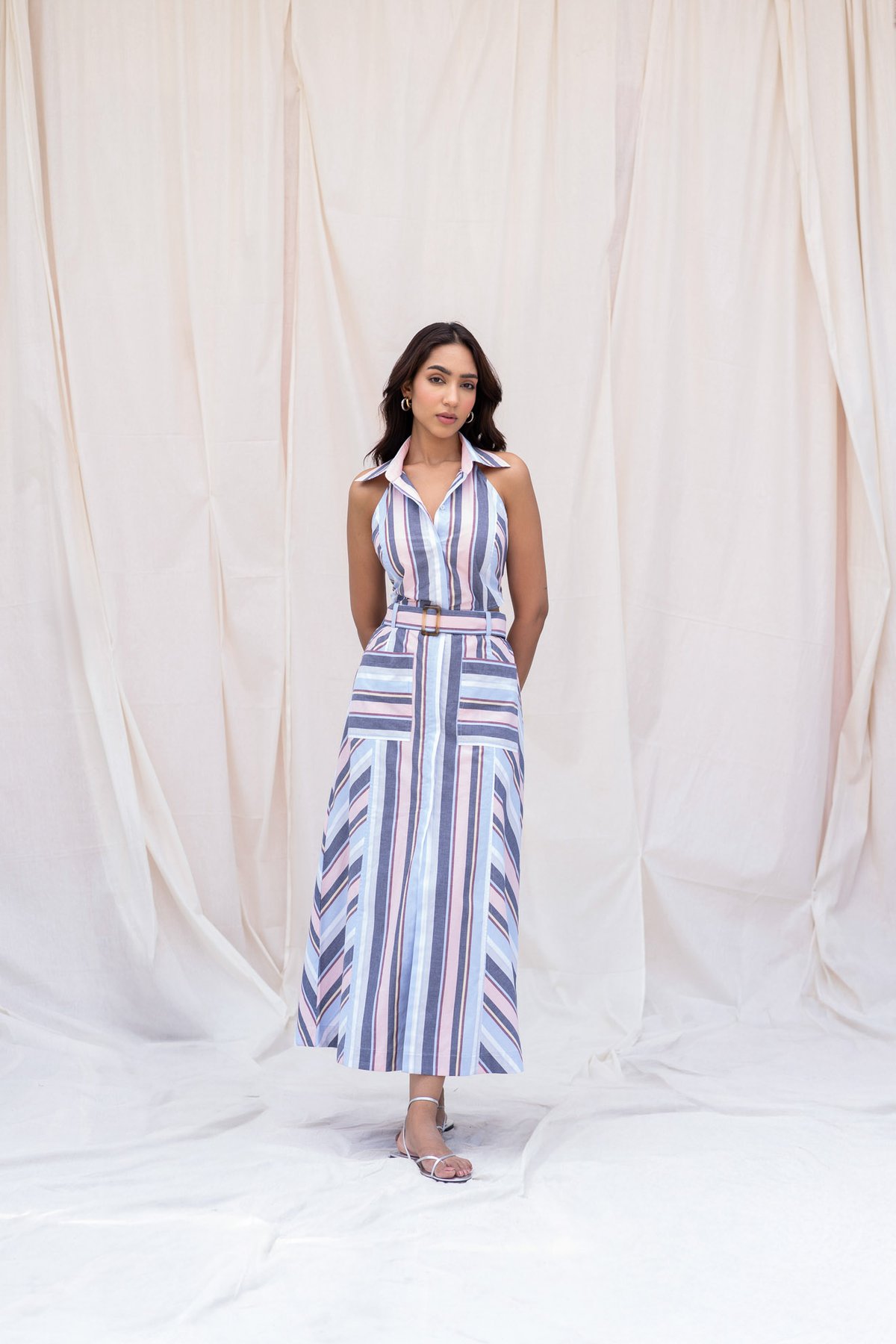 Striped Poplin Belted Halter-Neck Midi Dress