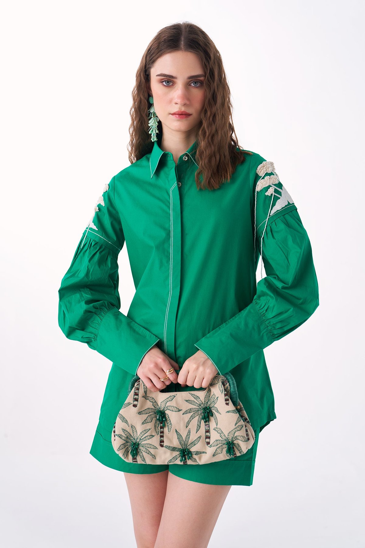 Emerald Cotton Twill Embroidered Statement Sleeve Shirt