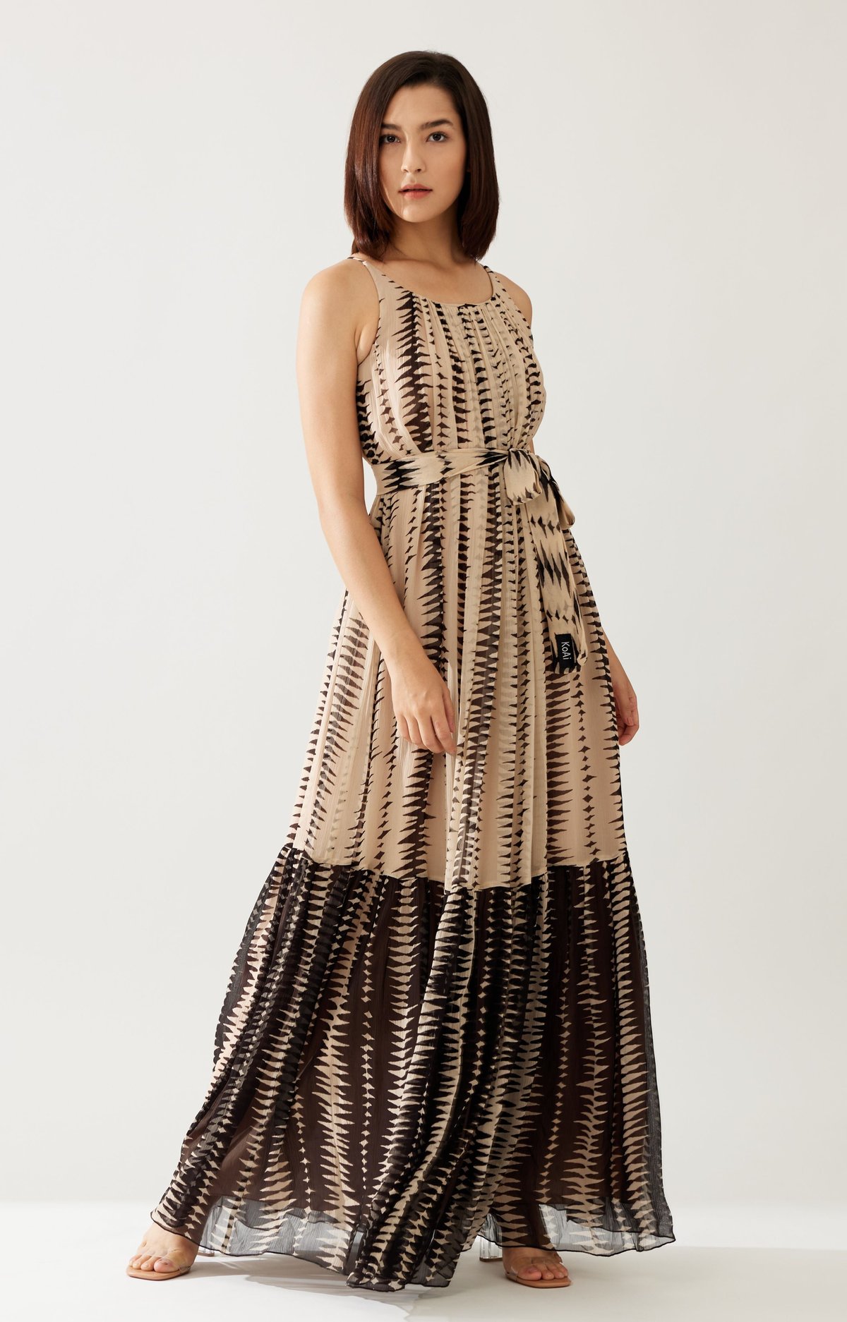 Cream And Dark Brown Stripe Sleeveless Long Dress