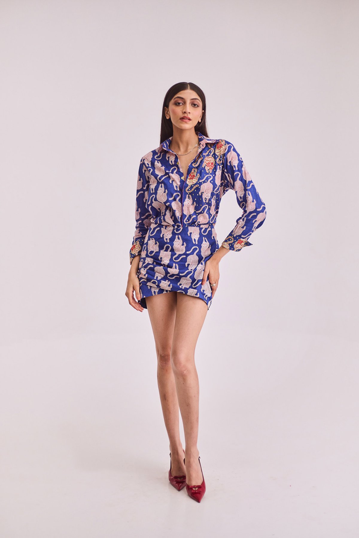 Blue Tiger Print Mini Shirt Dress with Hand Embroidery