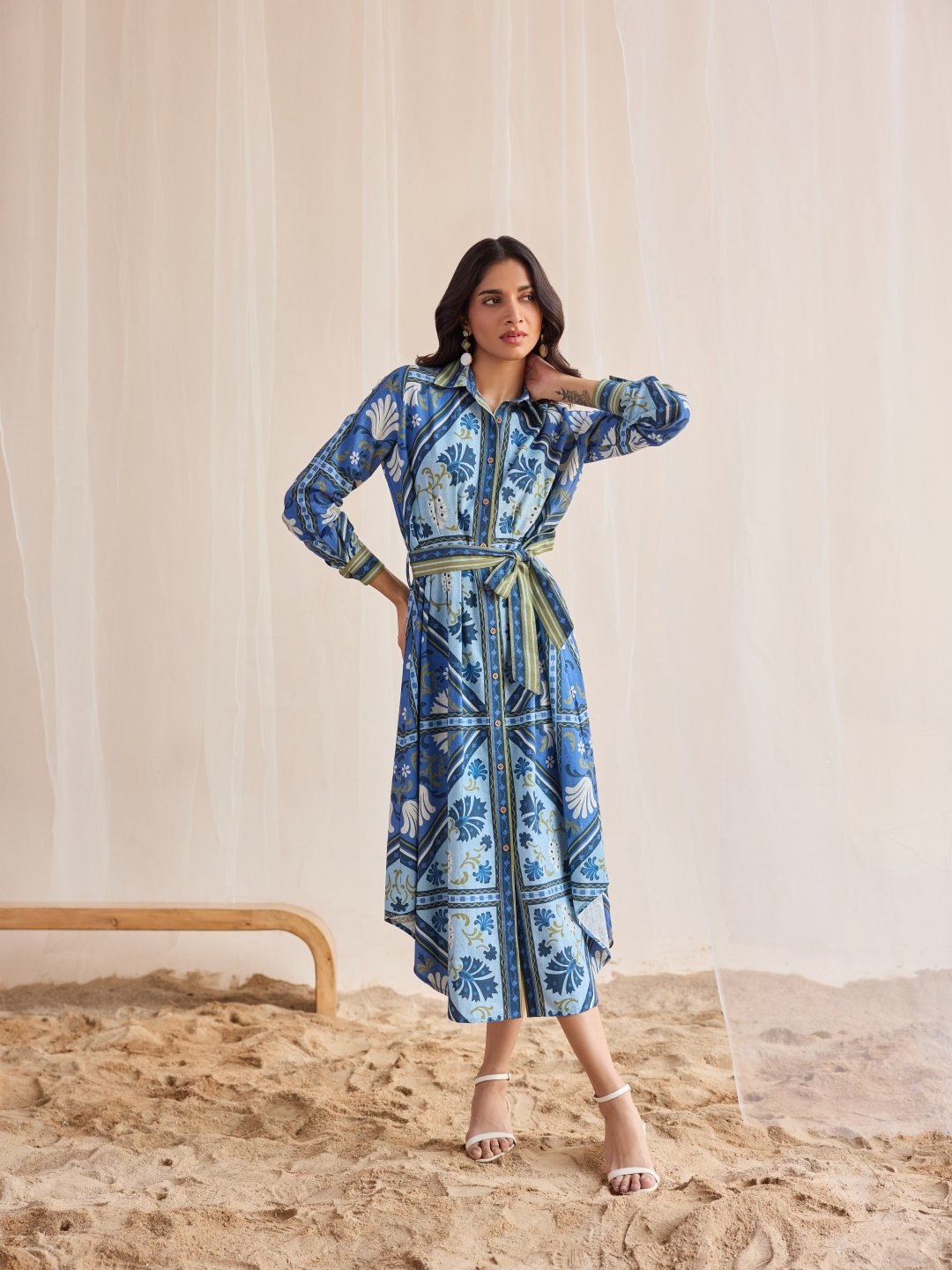 Blue Printed Belted Midi Shirt Dress with High-Low Hem