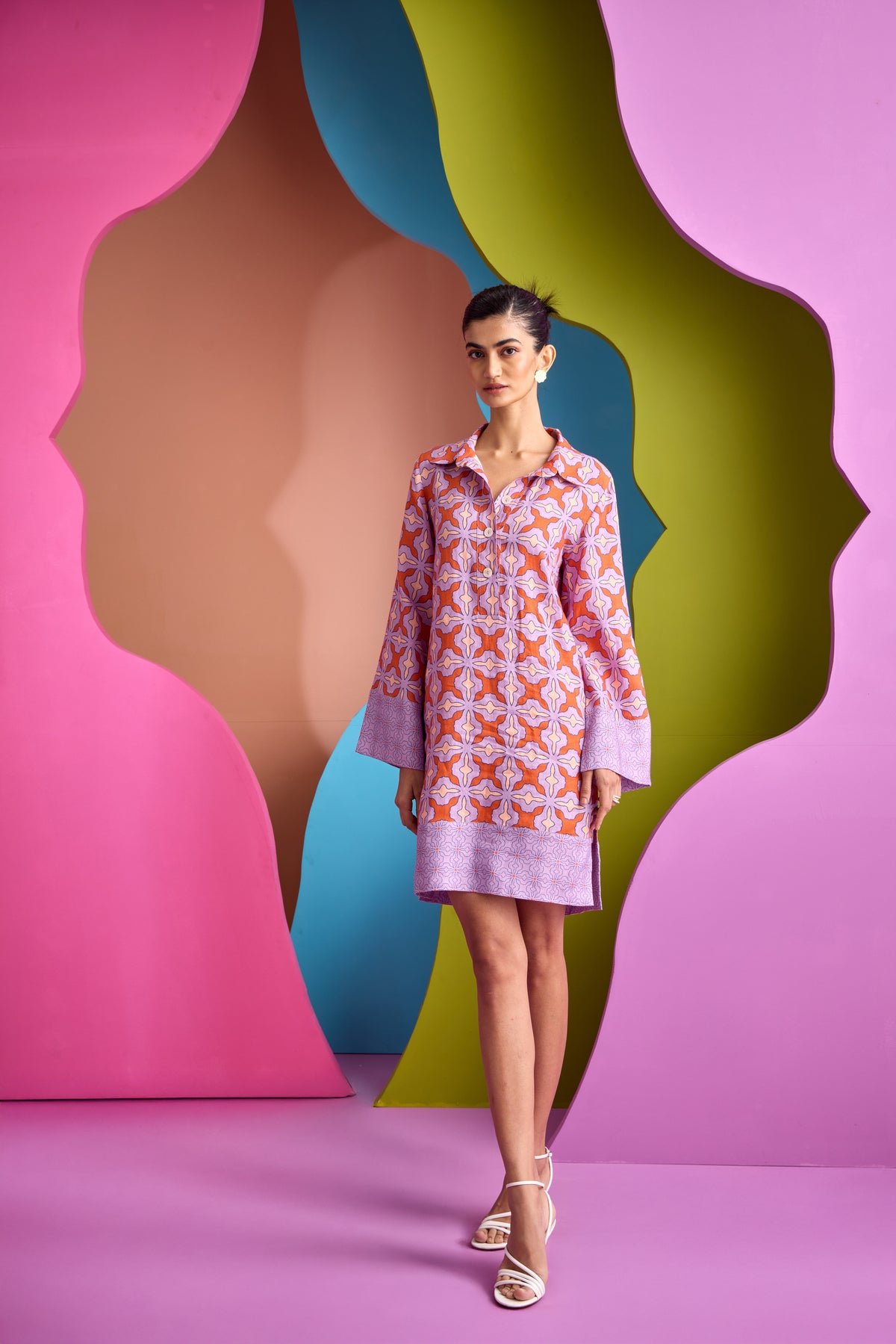 Purple Printed Knee-Length Kurta Dress with Flared Sleeves