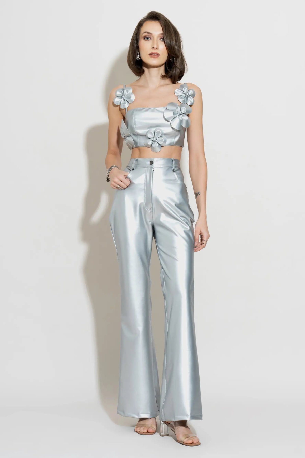 Silver Metallic Faux Leather High-Waist Straight-Leg Pants