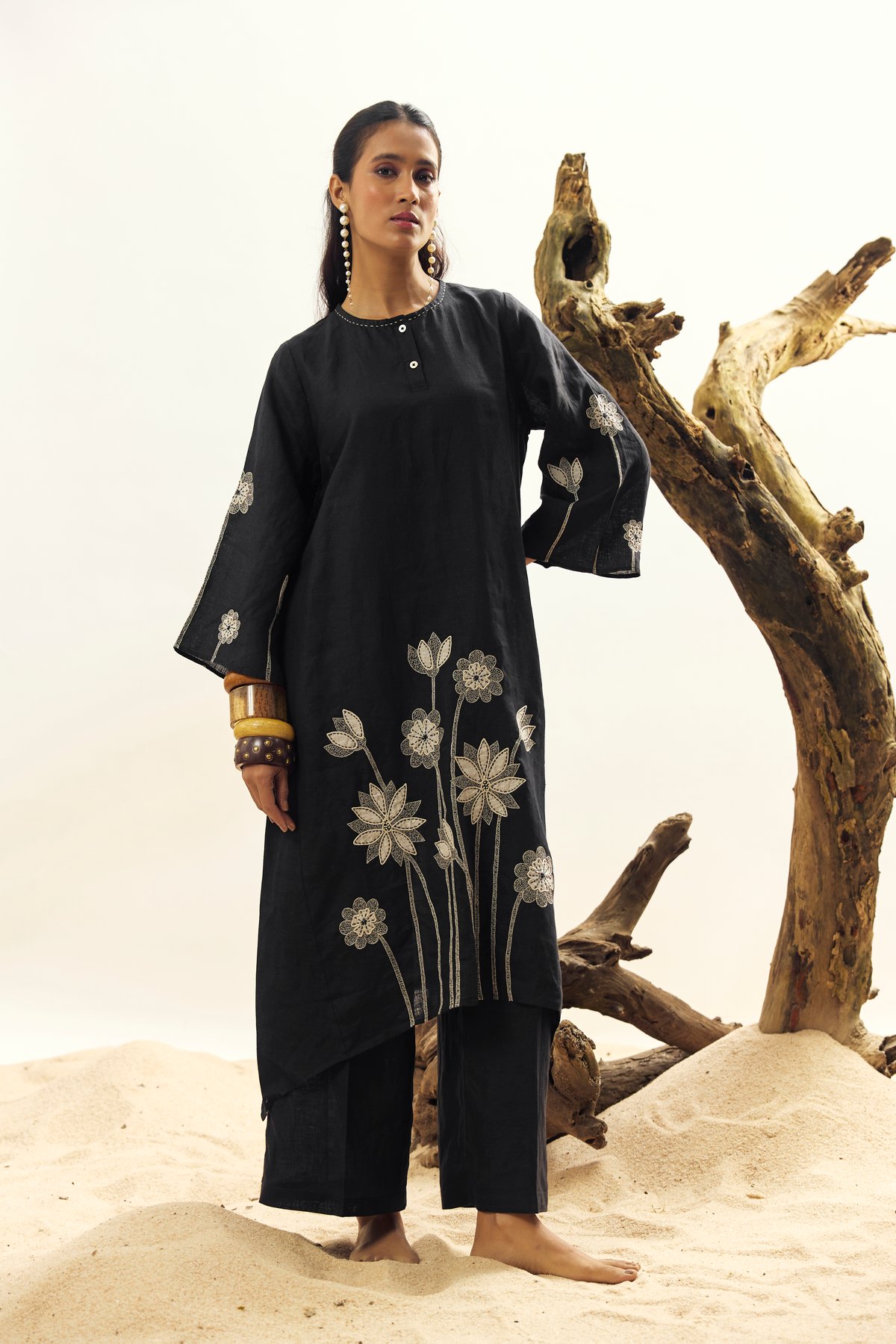 Black Linen Kurta and Wide Leg Pants Co-ord Set