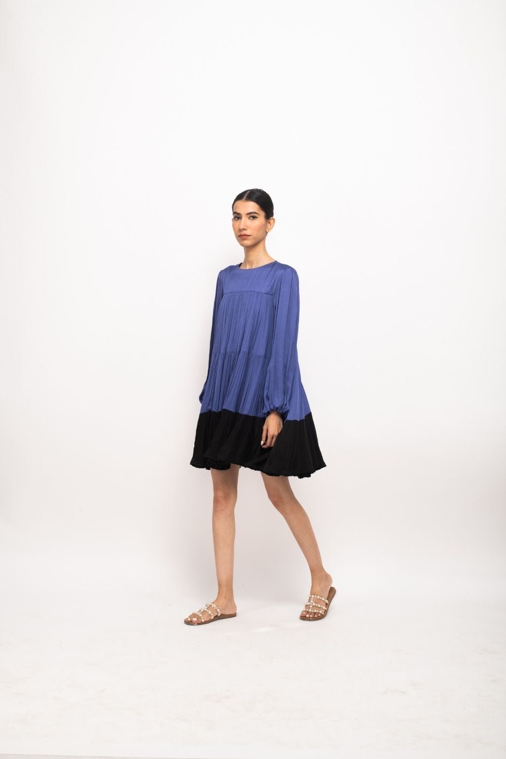 Blue and Black Tiered Gathered Mini Dress