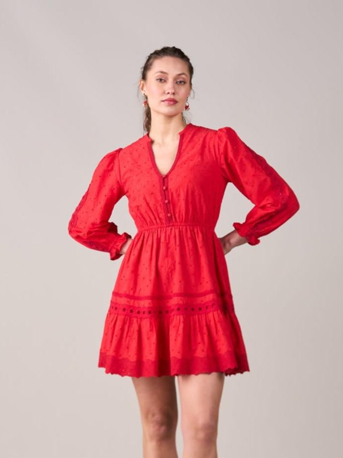 Red Schiffli Embroidered Fit and Flare Mini Dress