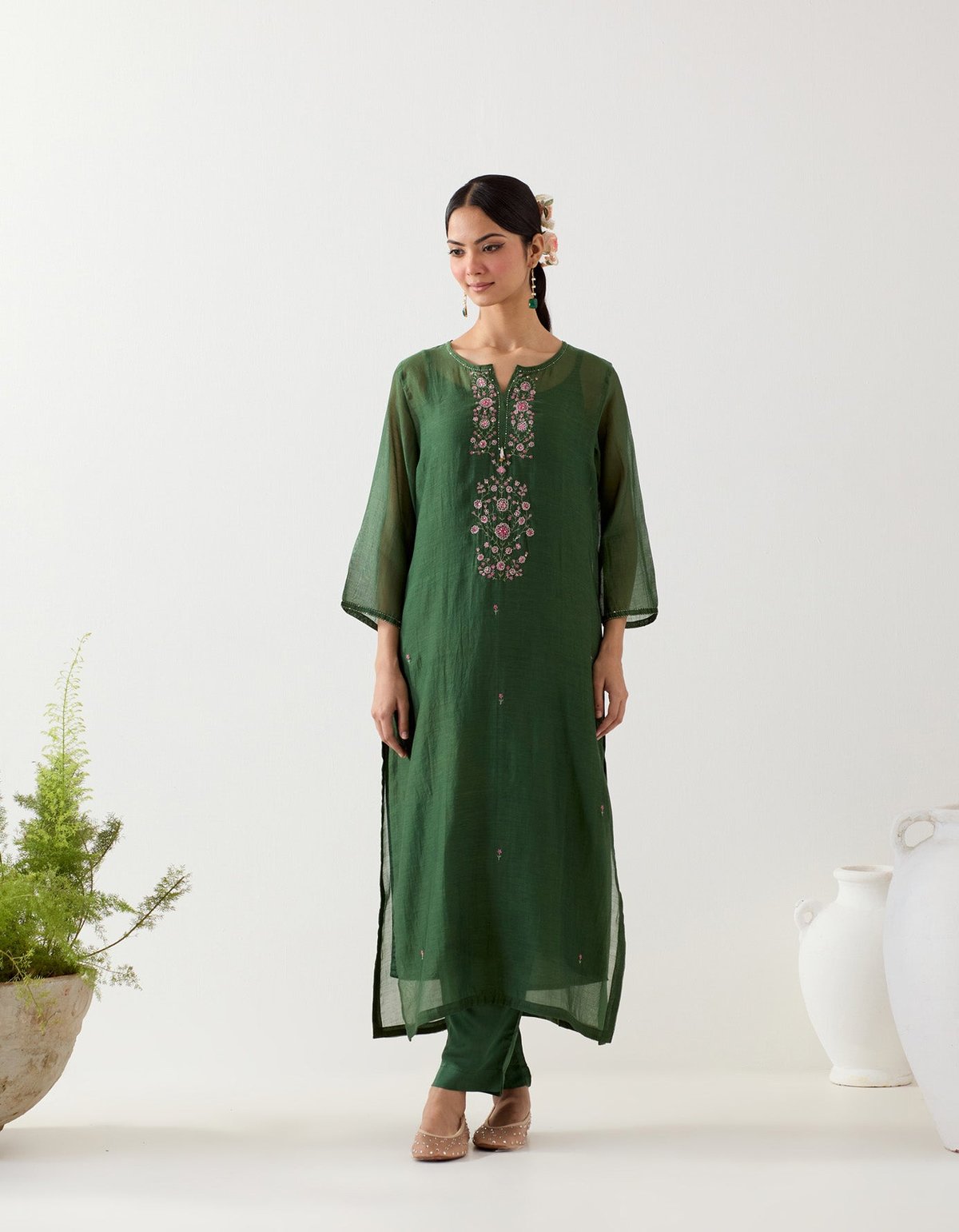 Bottle Green Embroidered Straight Kurta Set with Slip