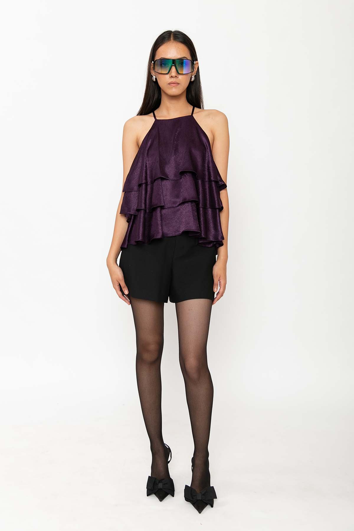 Purple Crushed Satin Tiered Ruffle Sleeveless Top