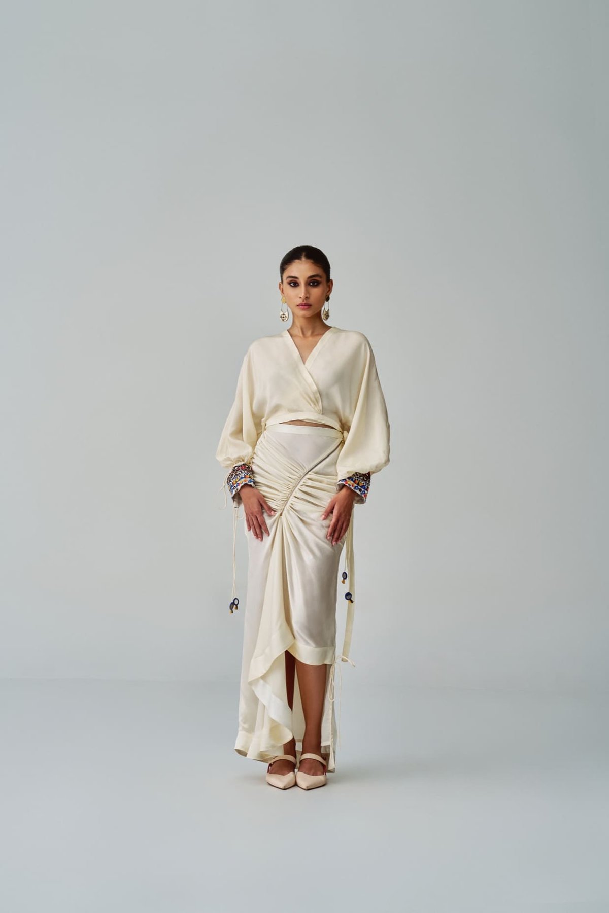 Ivory Silk Satin Draped Asymmetric Midi Skirt