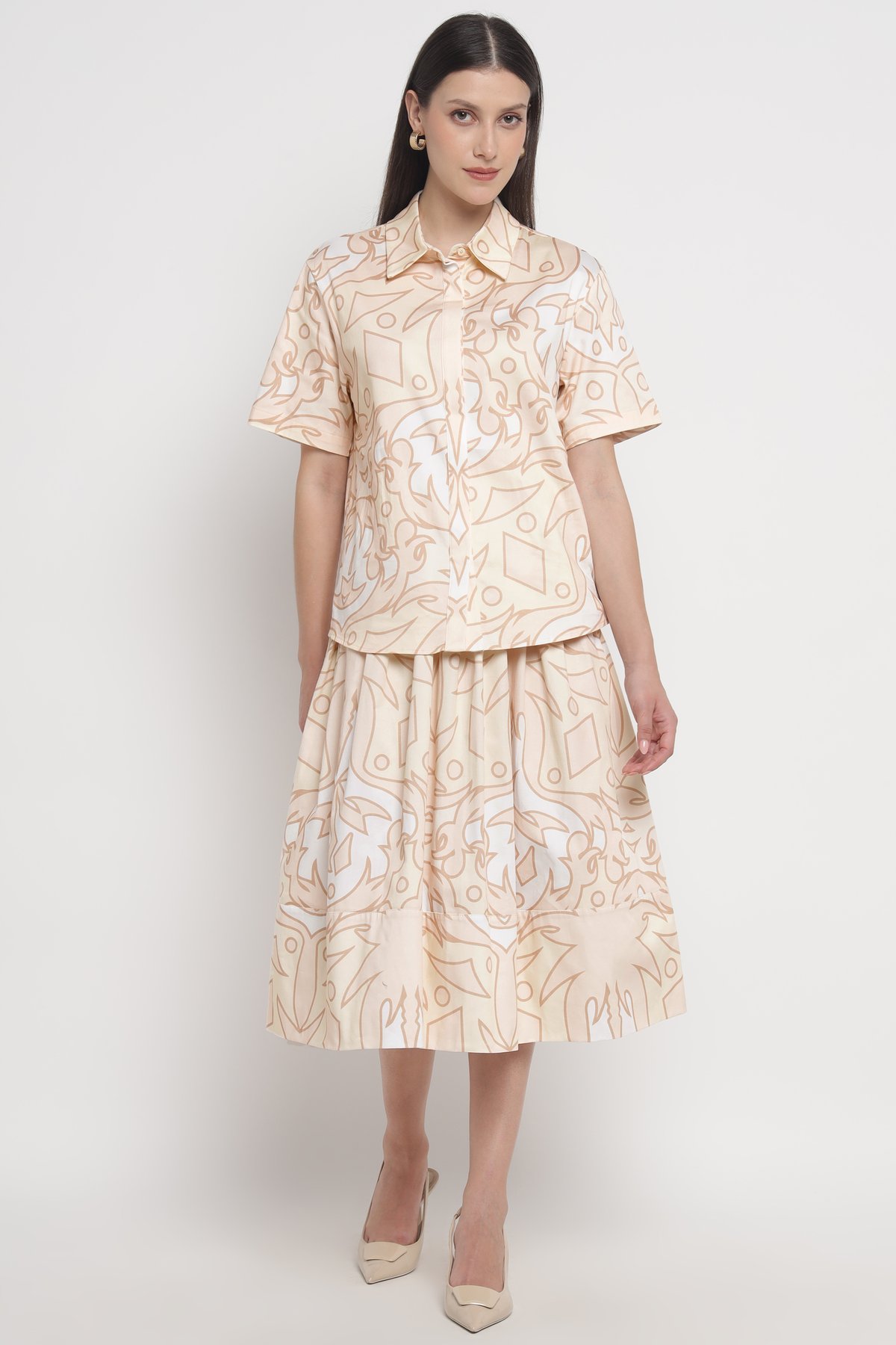 Beige Geometric Print Relaxed Fit Short Sleeve Shirt