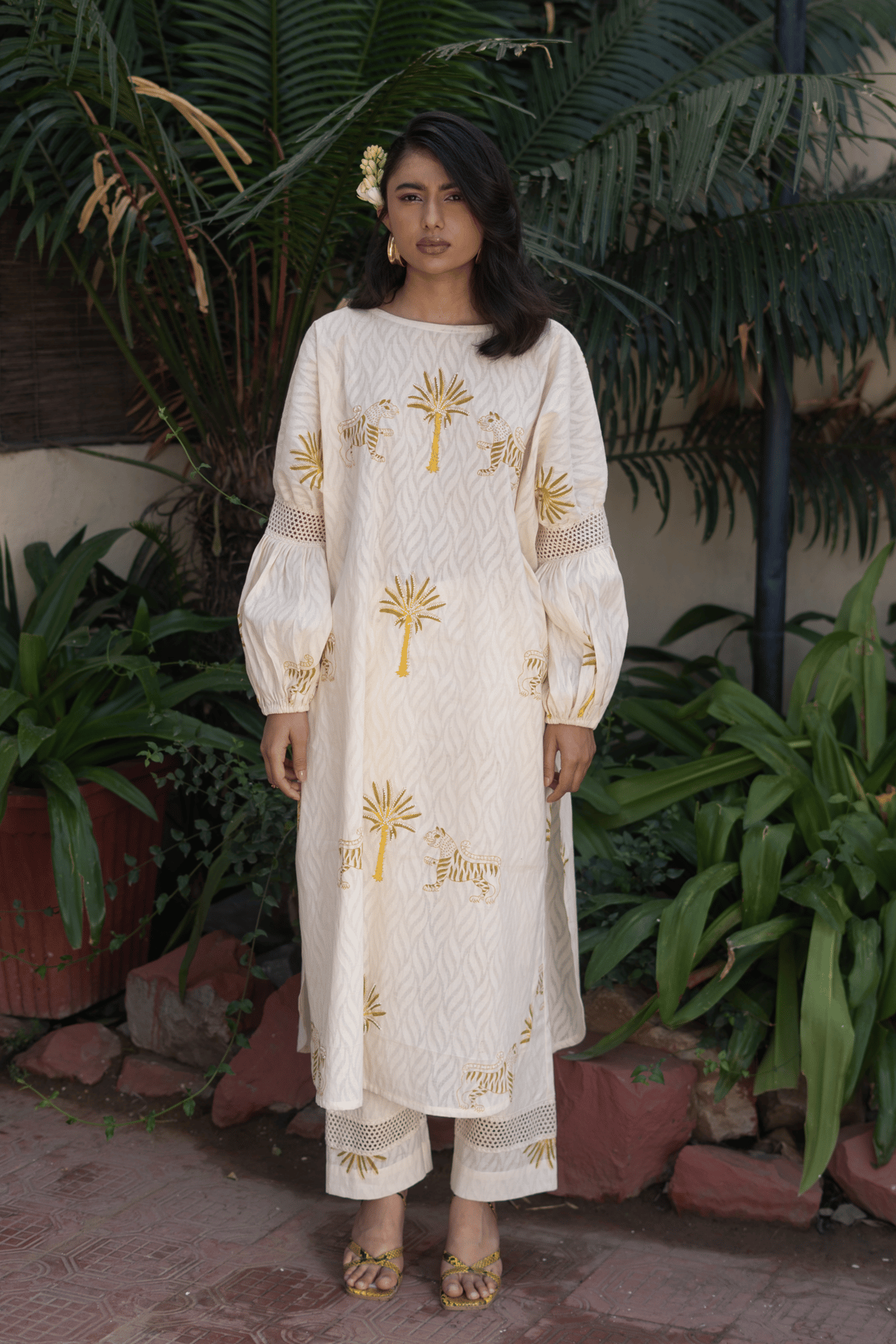 Off-White Block Print Kurta and Pant Co-ord Set