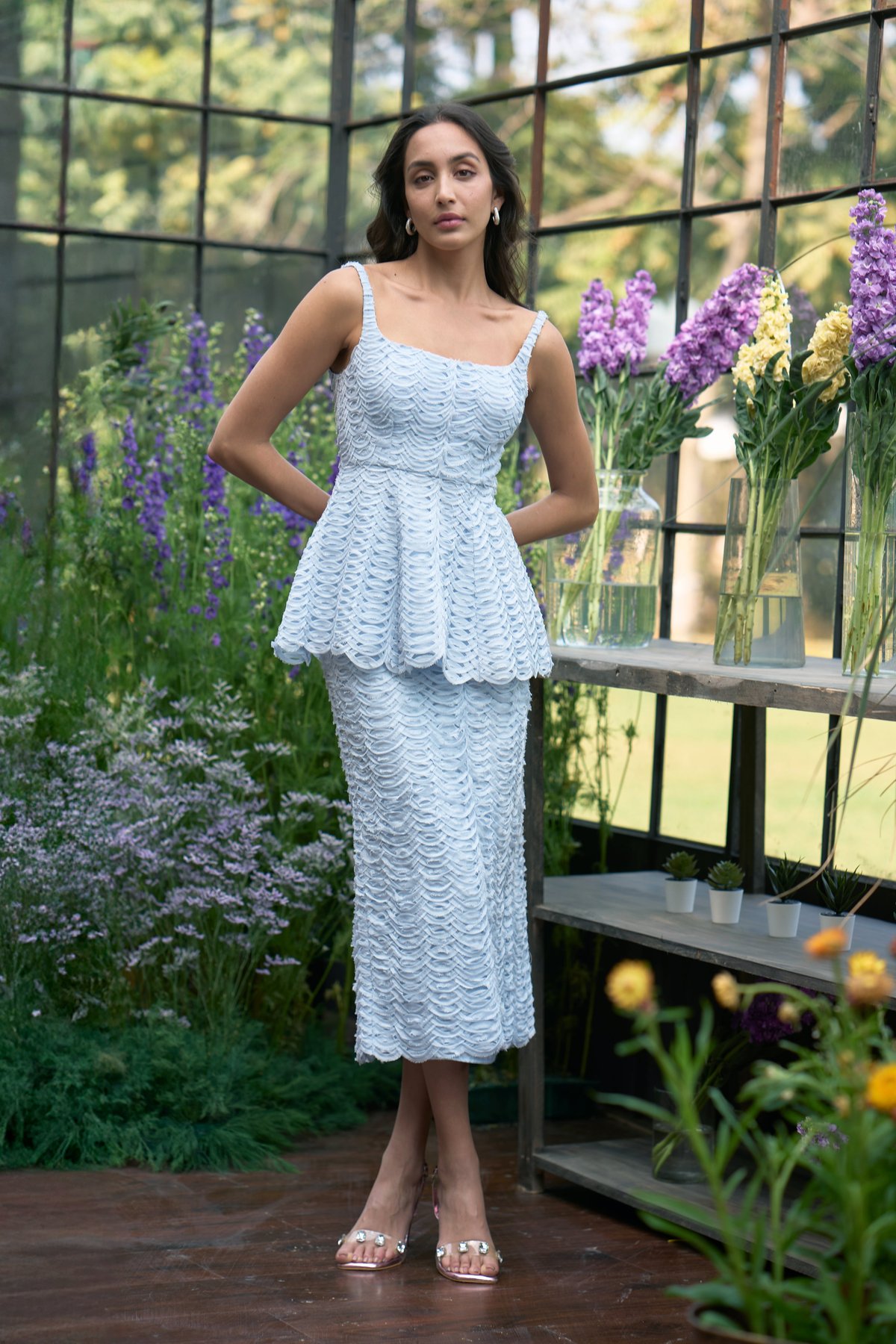 Ice Blue Ribbon Appliqué Straight Midi Skirt