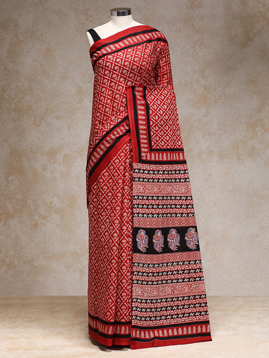 Mulberry Red Handblock Printed Floral Jaal Mulmul