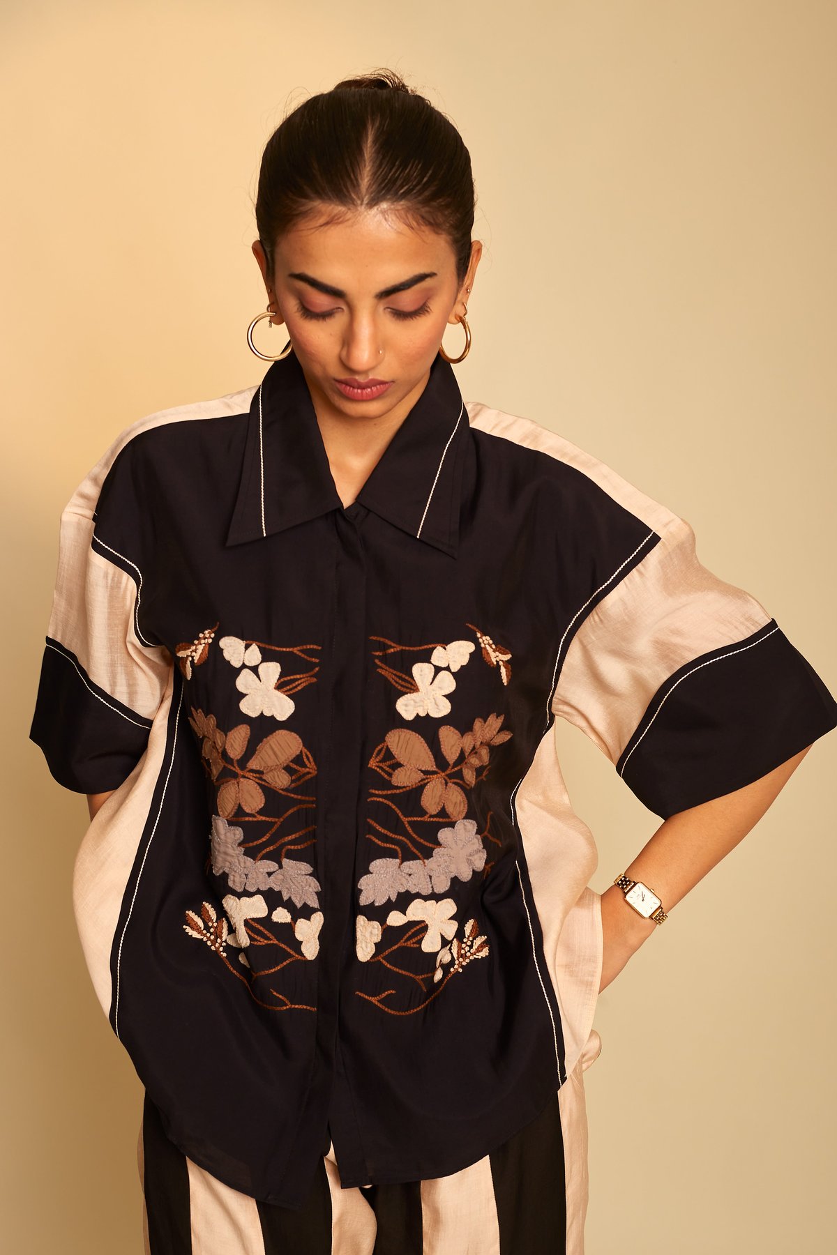 Black and Cream Colorblocked Applique Embroidered Shirt