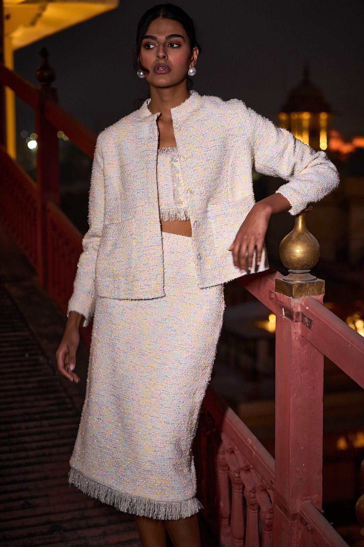 Multi Pastel Bouclé Cropped Jacket with Mandarin Collar