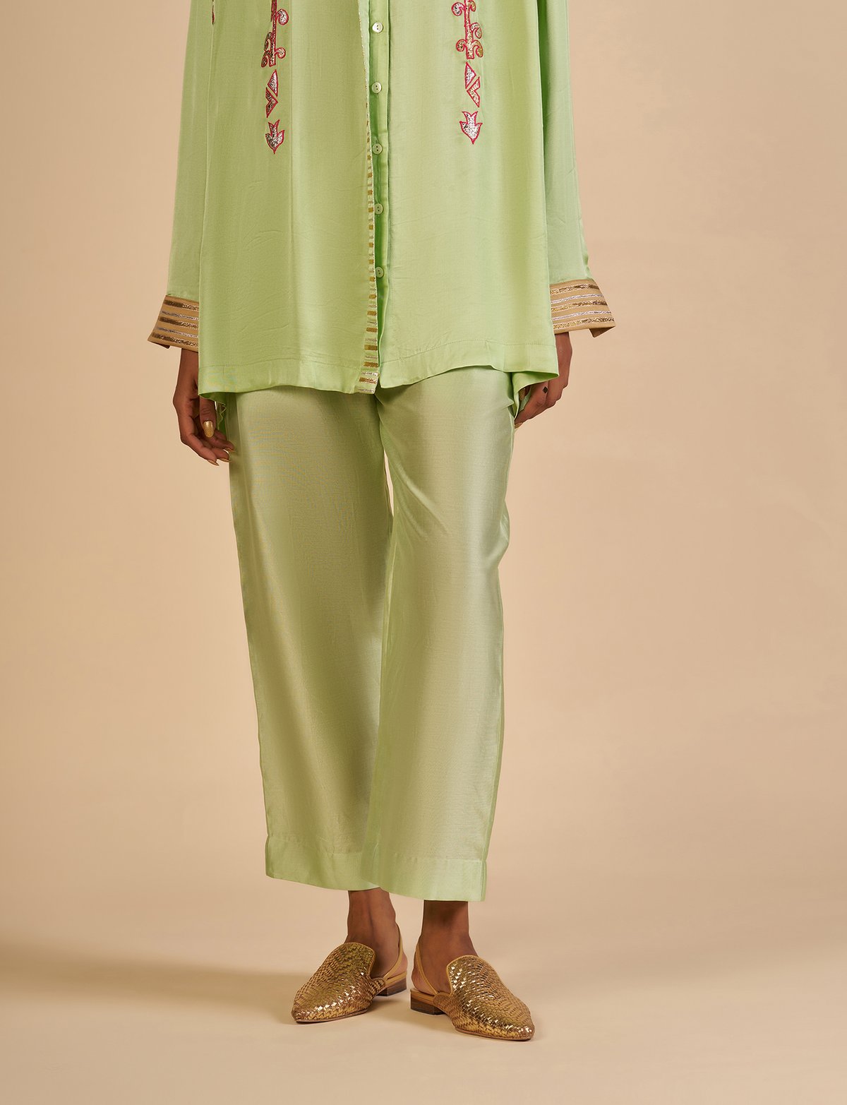 Pista Green Silk Chanderi Gota Detail Straight Pants