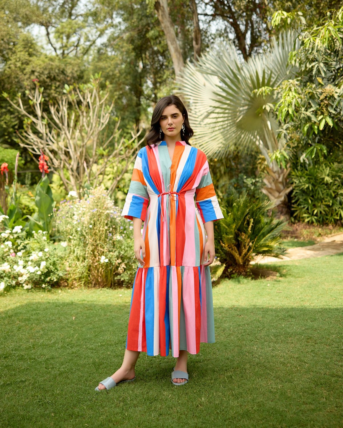 Multicolor Striped Fit and Flare Midi Dress with Waist Tie