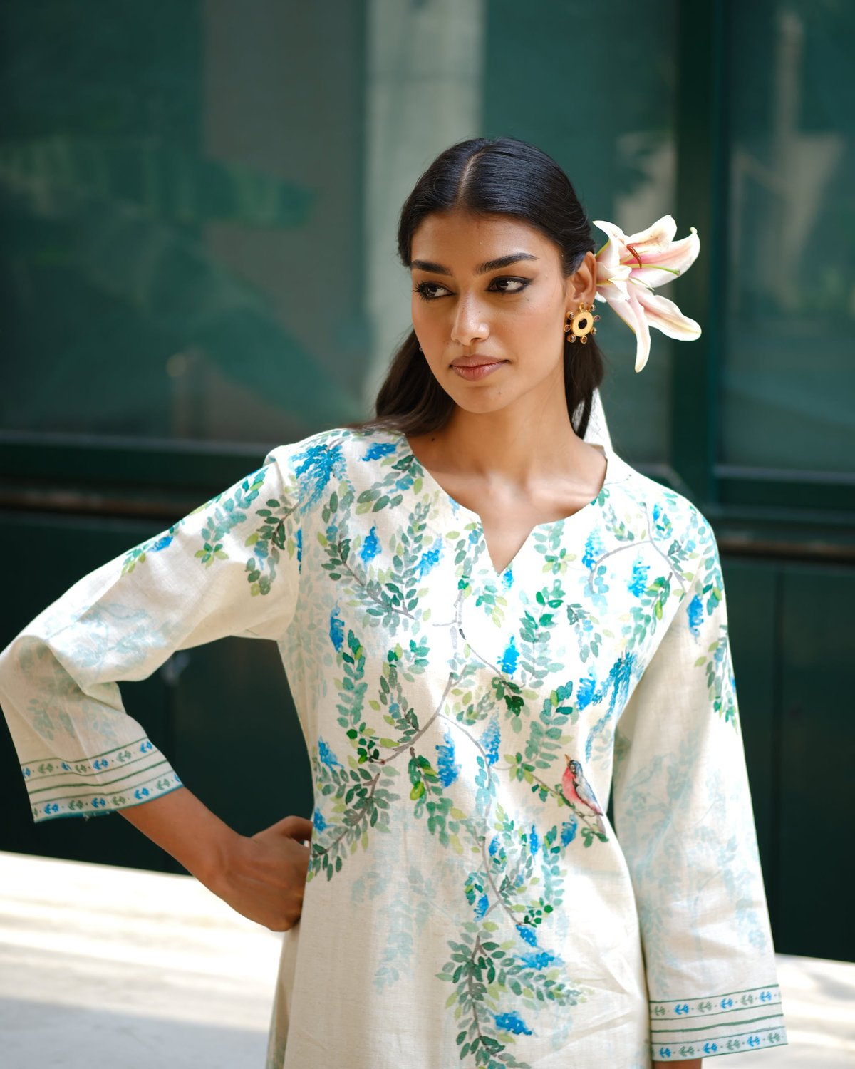 Nature's Serenity Bird & Floral Print Kurta Set