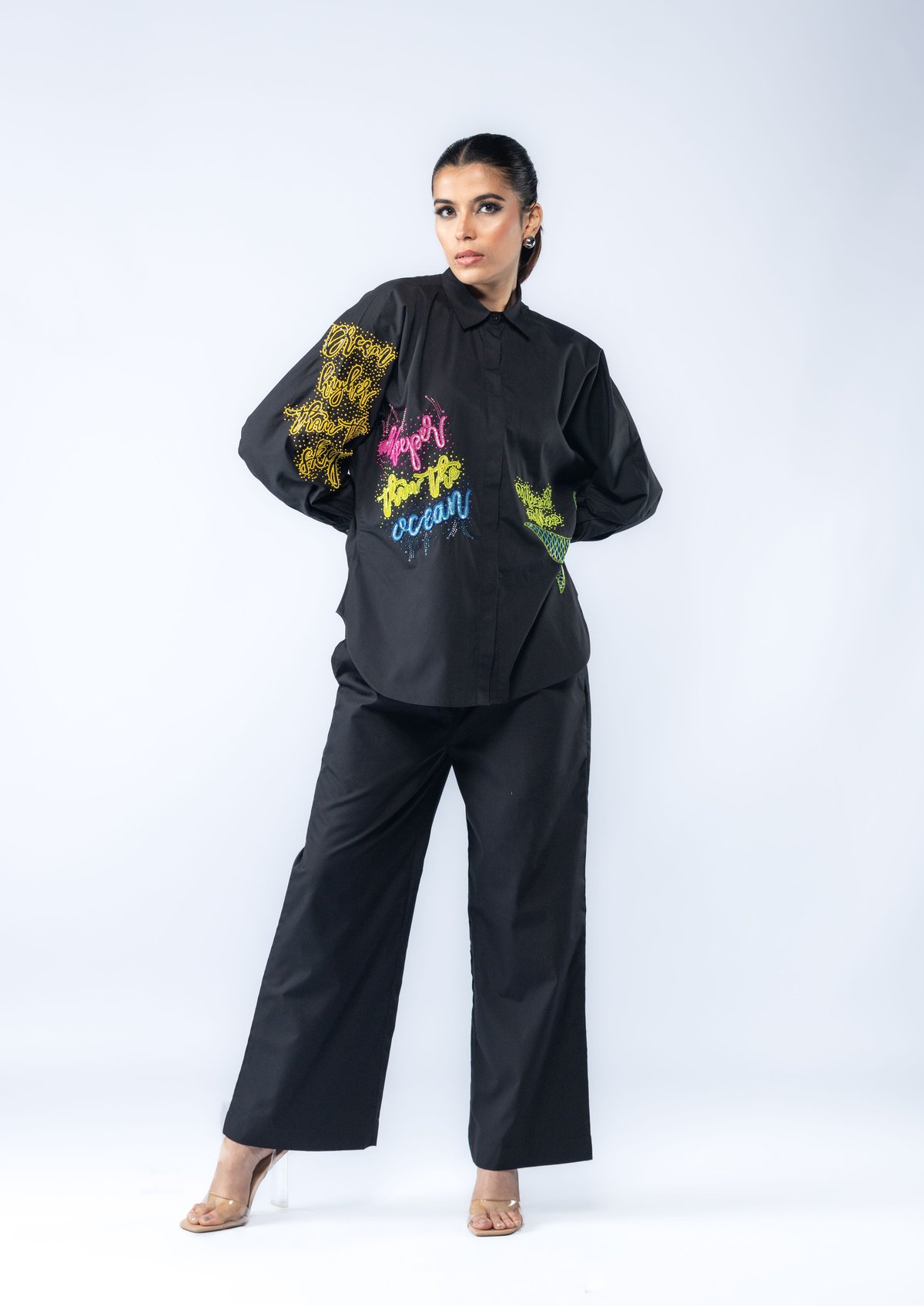 Black Oversized Embroidered Shirt Co-ord Set