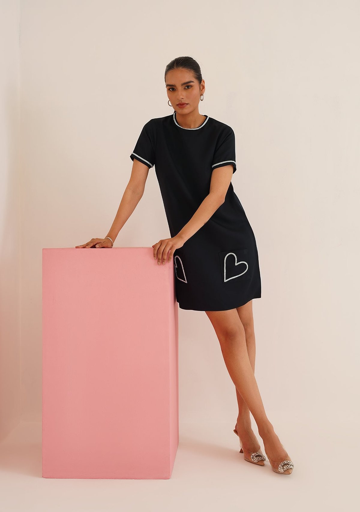 Black Mini Shift Dress with Silver Heart Pocket Detail